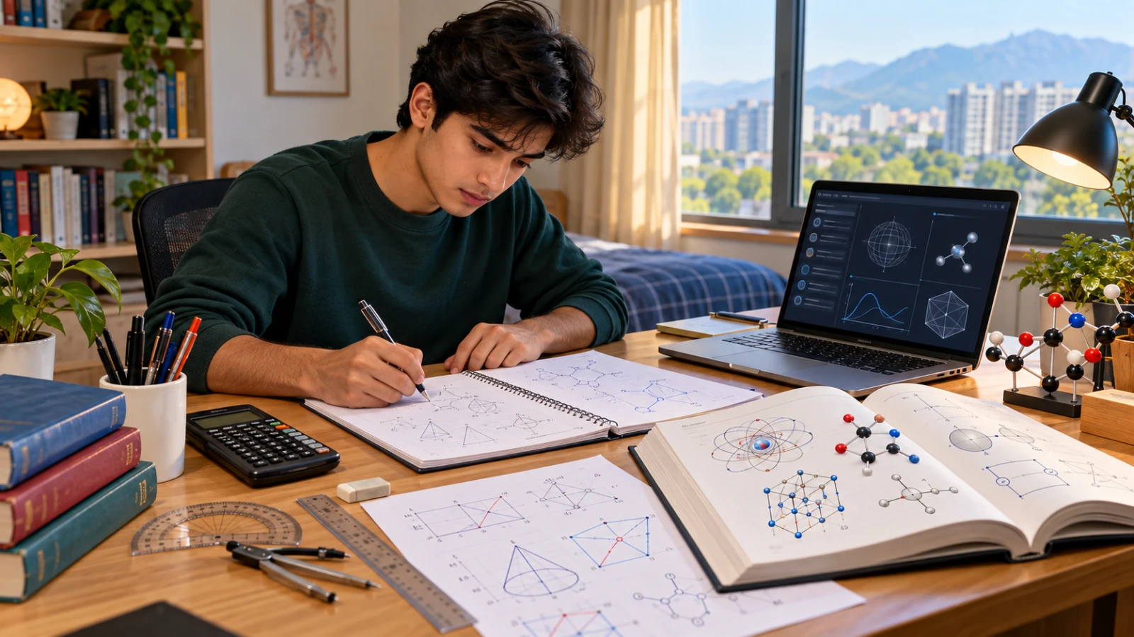 Pakistani pre-medical student preparing CSCA Mathematics and science at a study desk