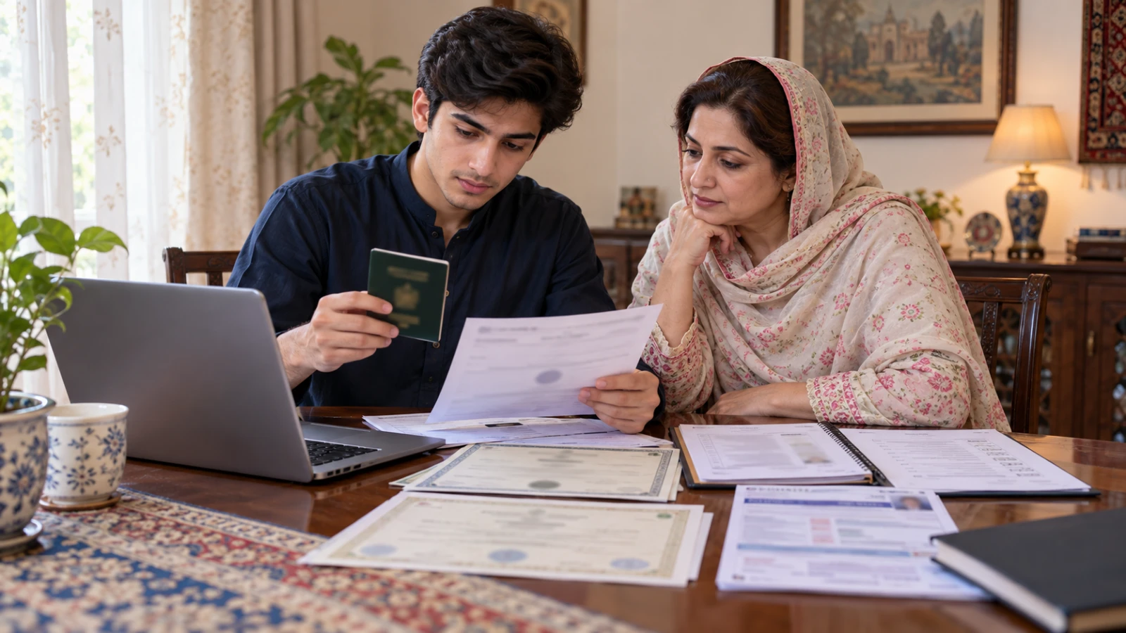 Pakistani applicant and family member reviewing passport and university admission documents