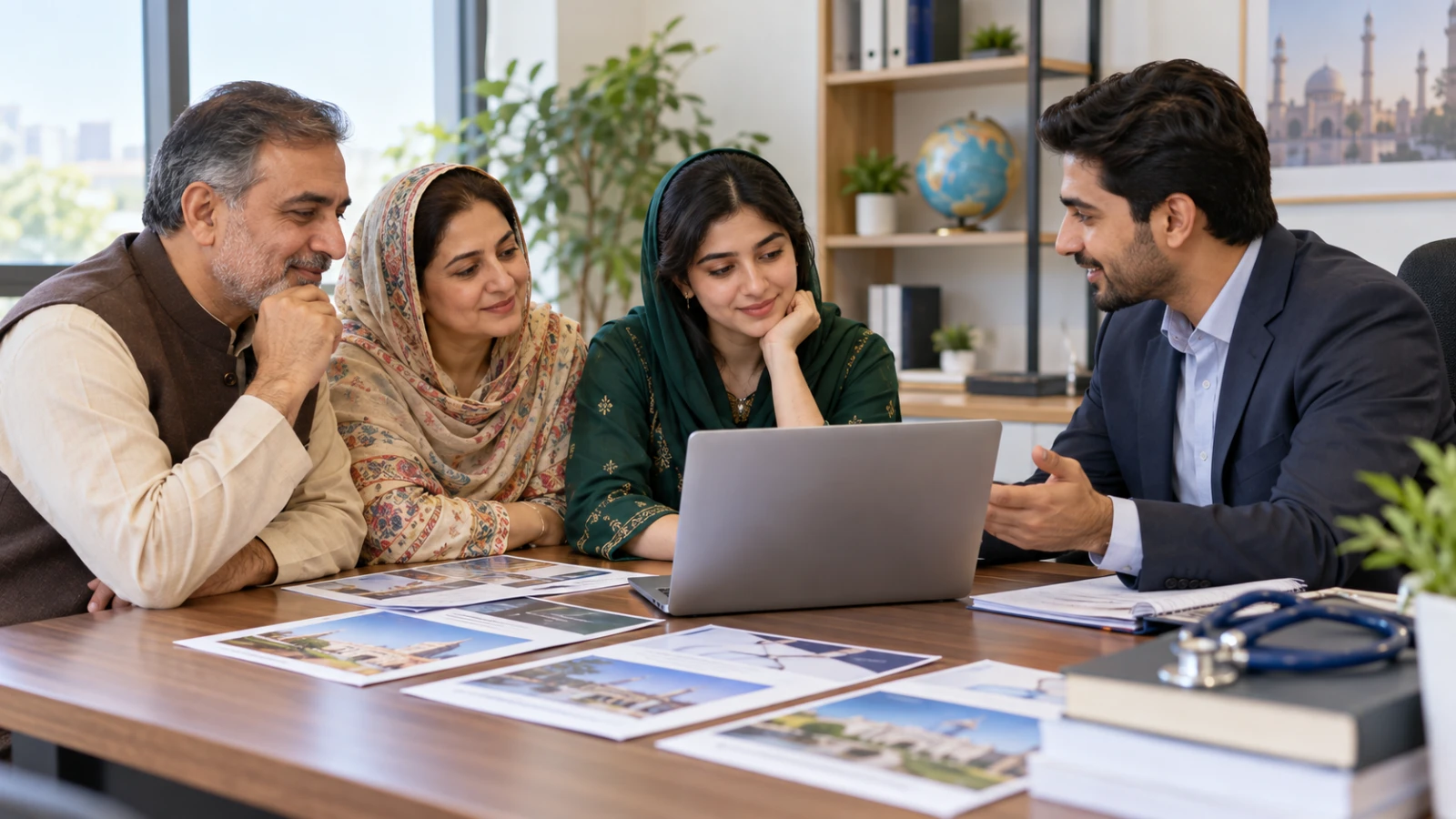 Pakistani student and parents comparing Chinese medical study options with a professional adviser