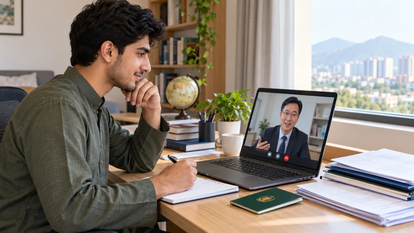 Pakistani applicant reviewing an online university application and possible admission call