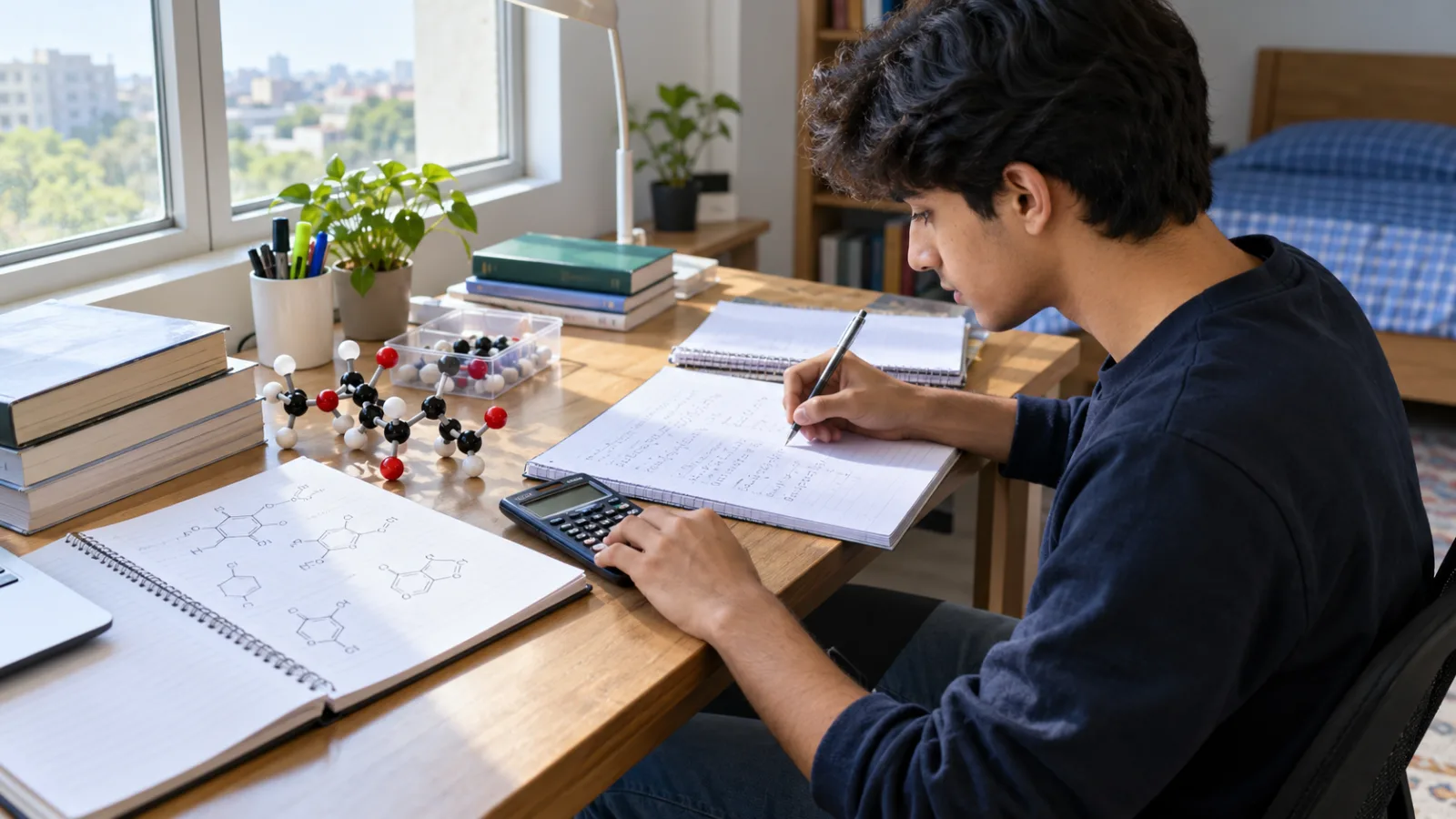Pakistani pre-medical student preparing CSCA Mathematics and Chemistry at a study desk