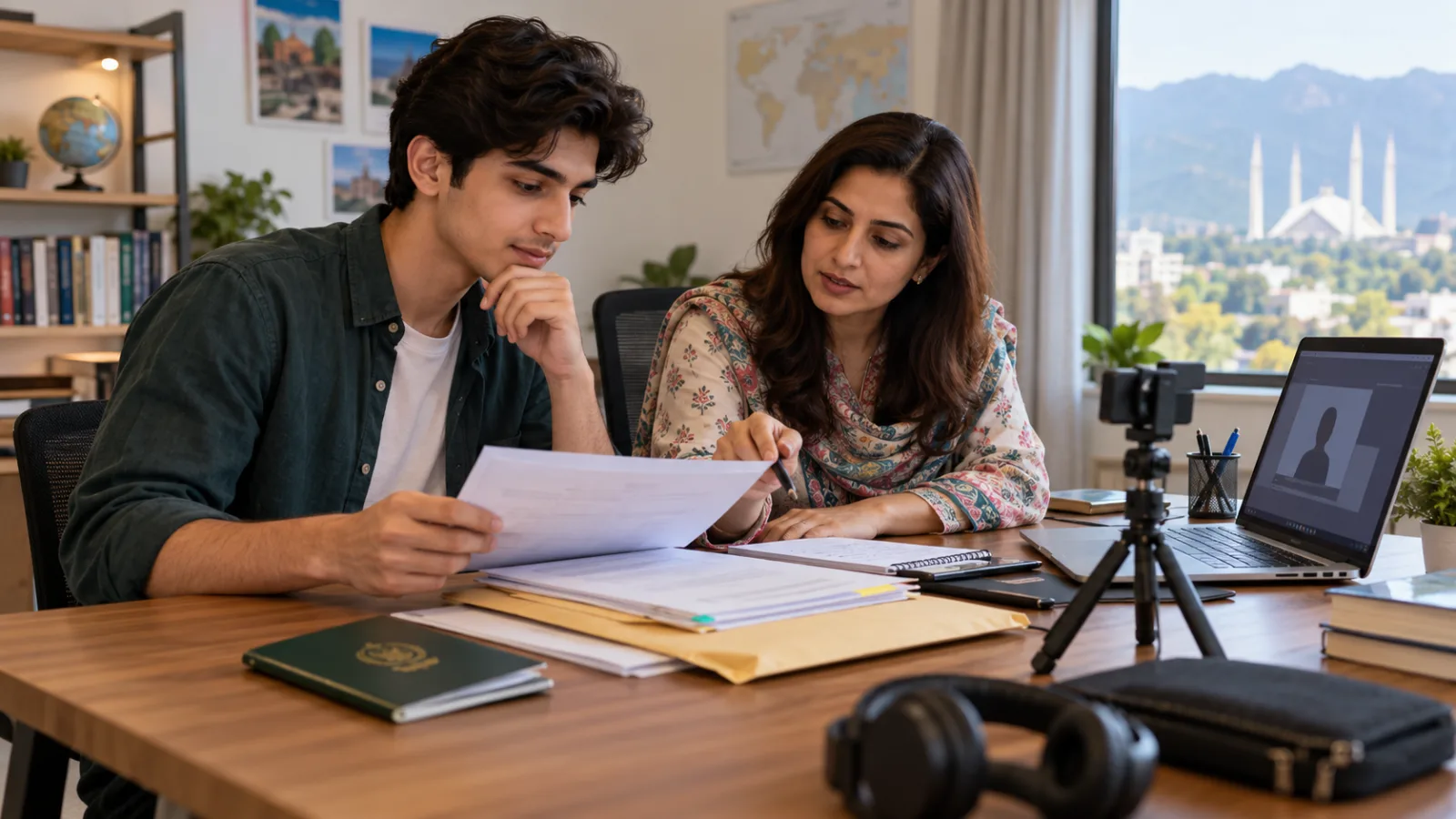 Pakistani applicant reviewing admission documents and a personal introduction video setup