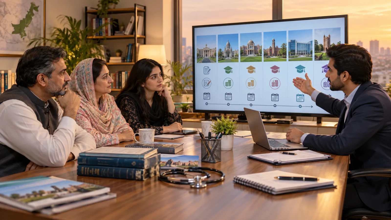 Pakistani student and parents comparing Chinese medical study options with a professional adviser