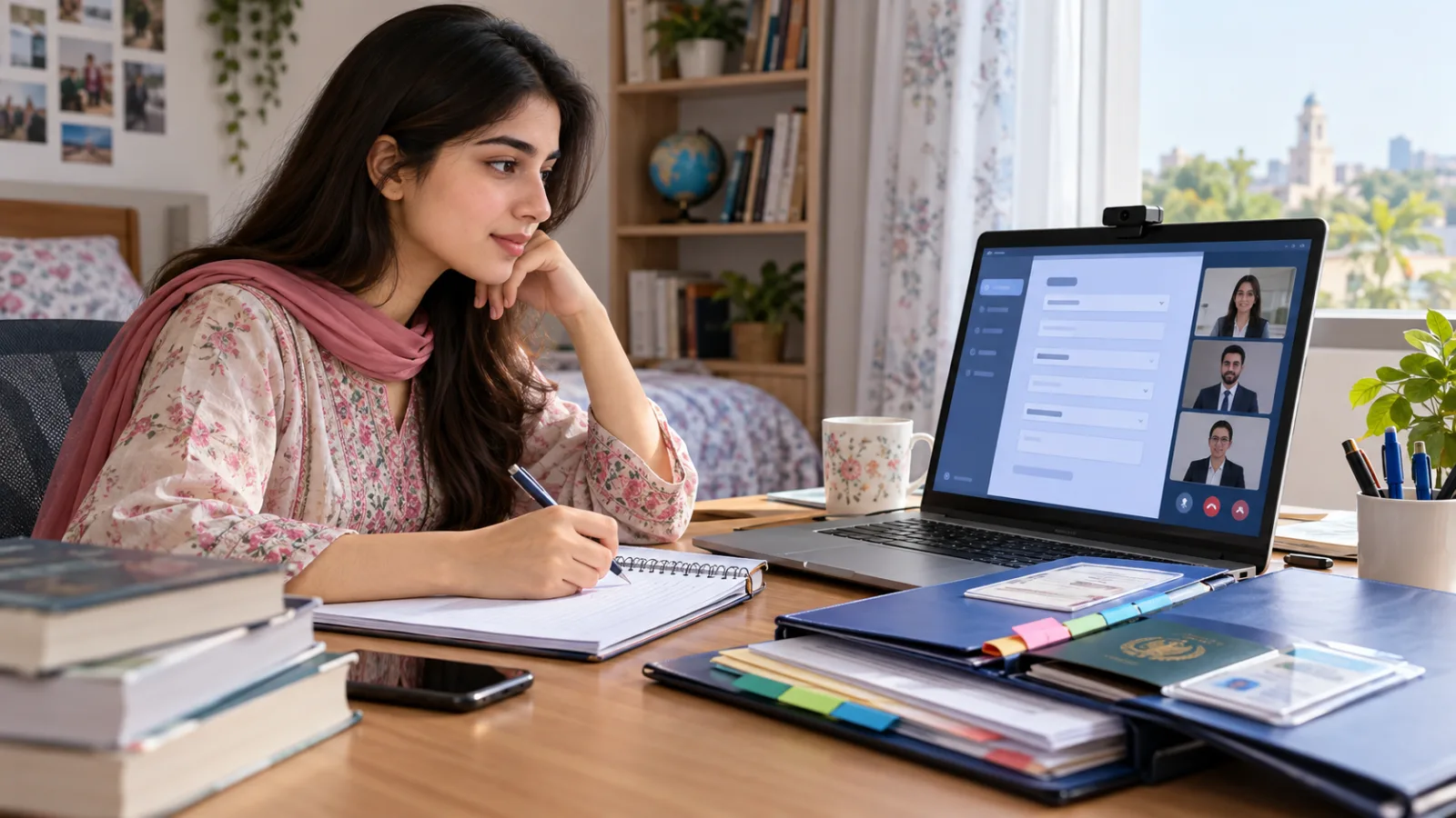 Pakistani applicant reviewing an online university application and possible admission call