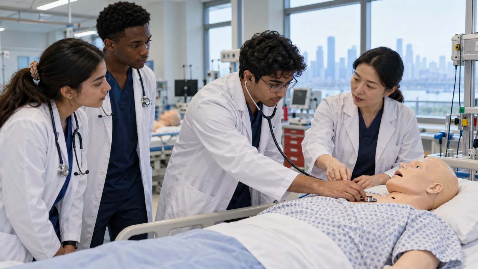 International medical students practising patient examination with a clinical instructor