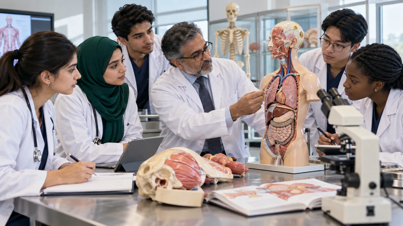 International medical students studying anatomy with a faculty mentor in a teaching laboratory