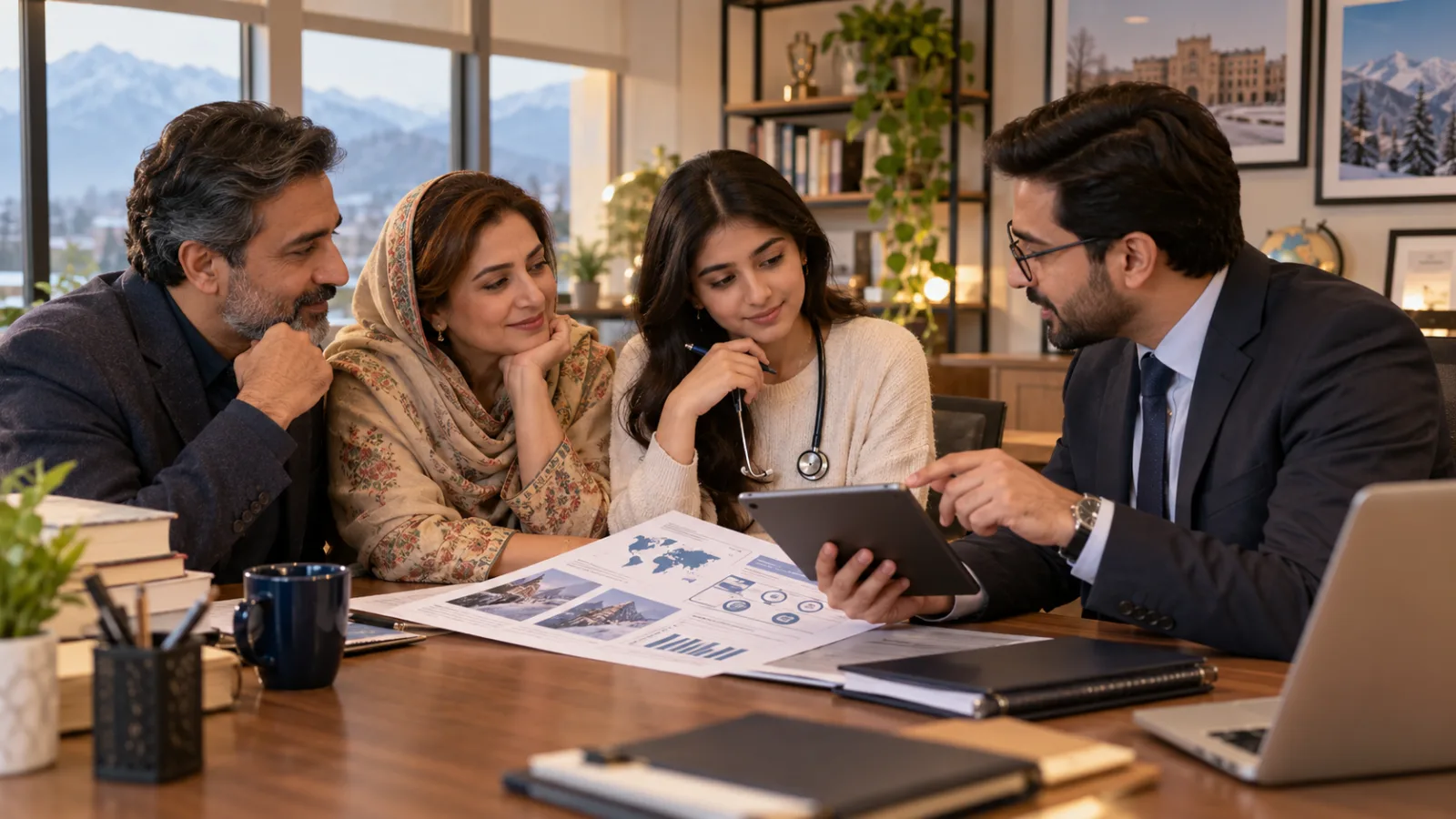 Pakistani student and parents comparing Chinese medical study options with a professional adviser