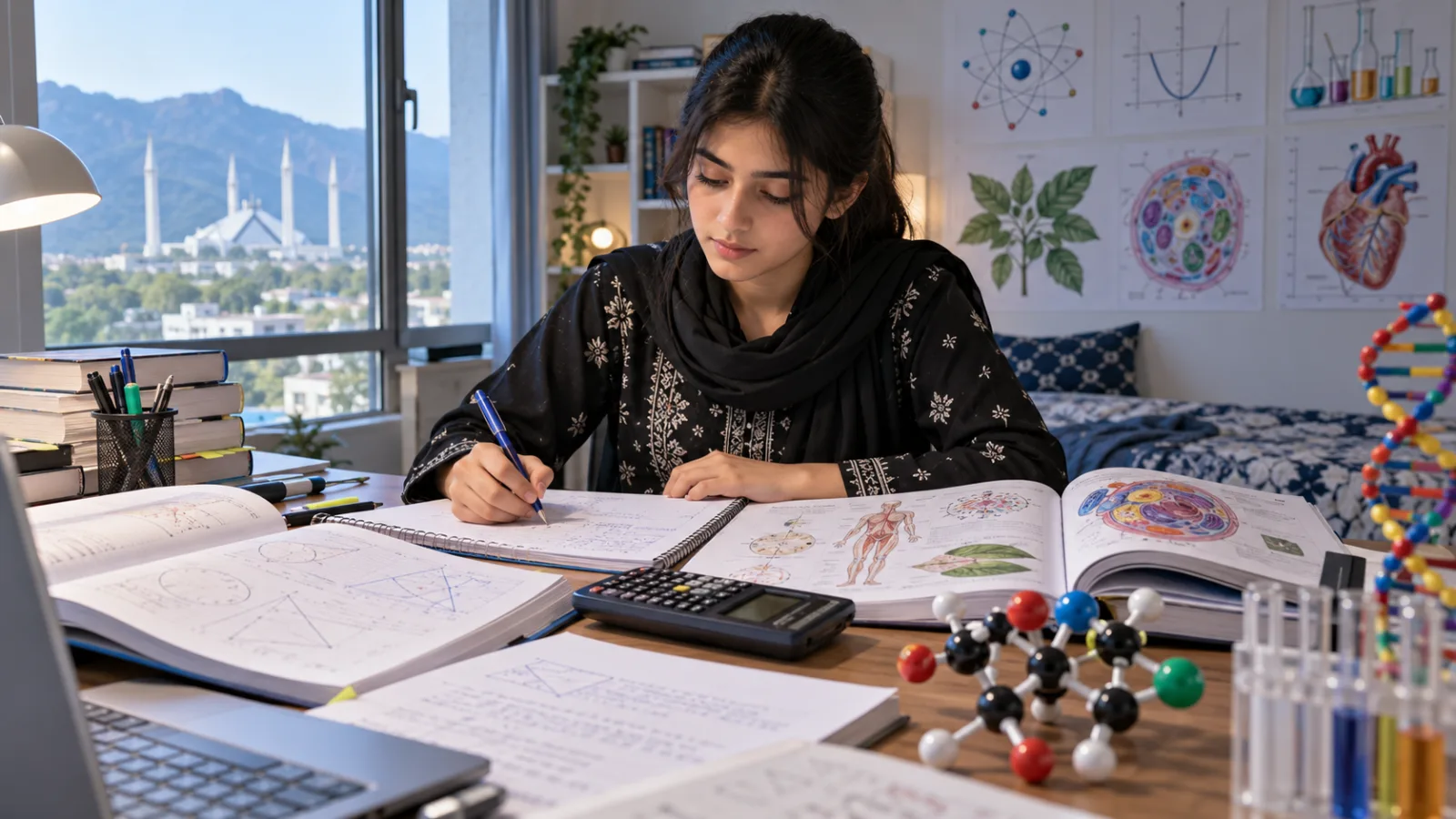 Pakistani pre-medical student preparing mathematics physics chemistry and biology for admission