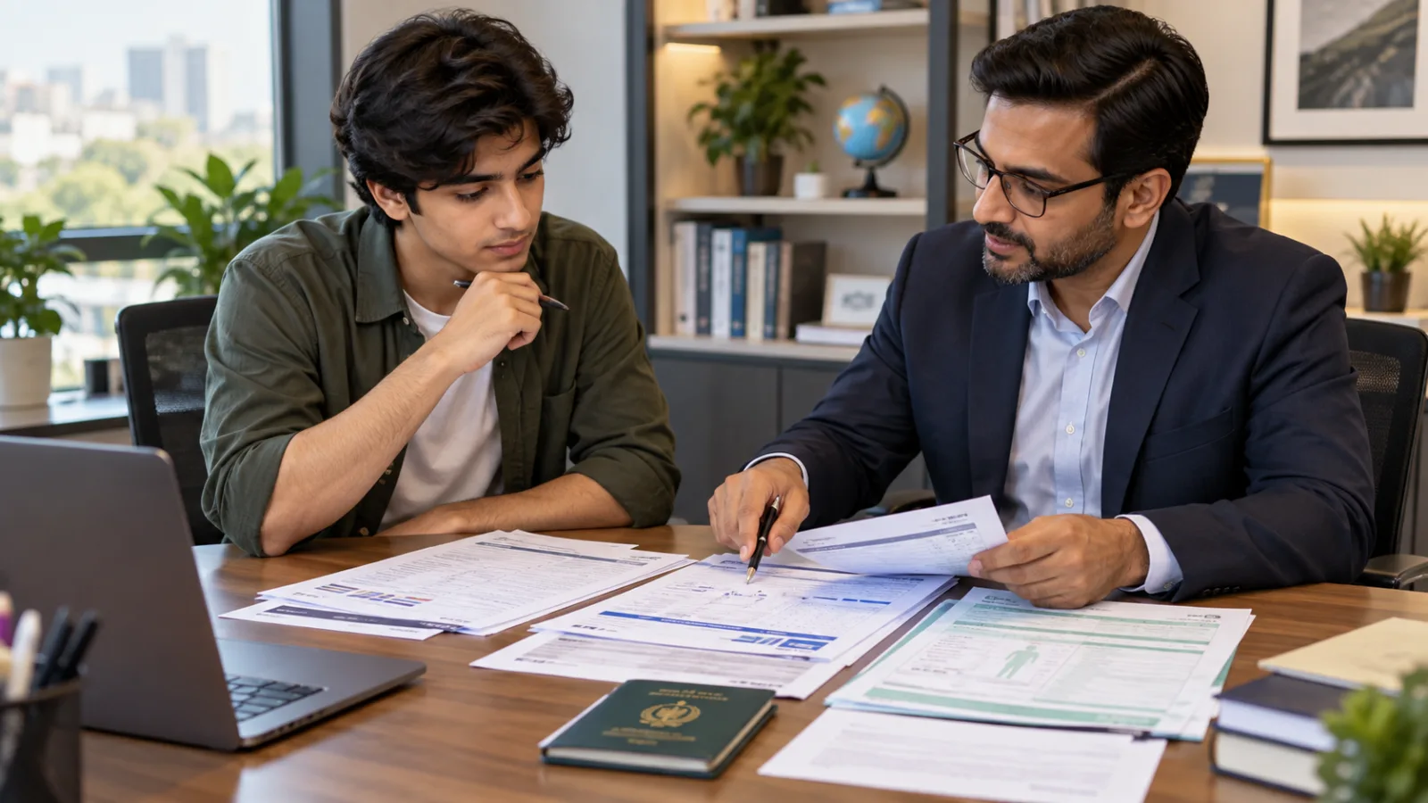 Pakistani applicant reviewing passport academic records and admission documents with an adviser
