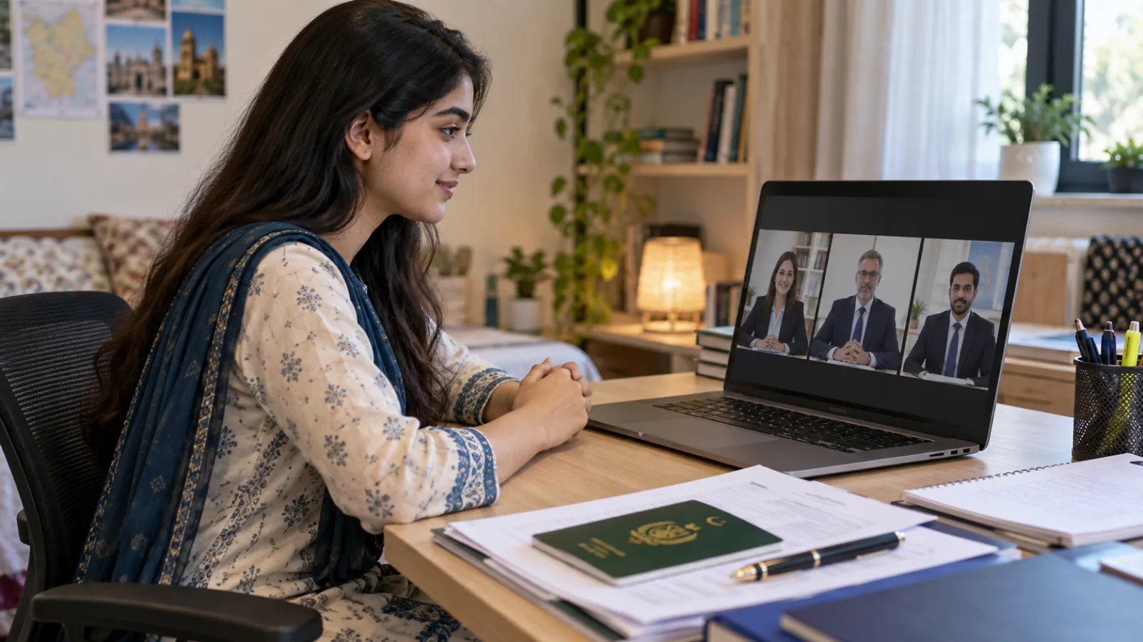 Pakistani applicant attending a remote university admission interview from a study desk