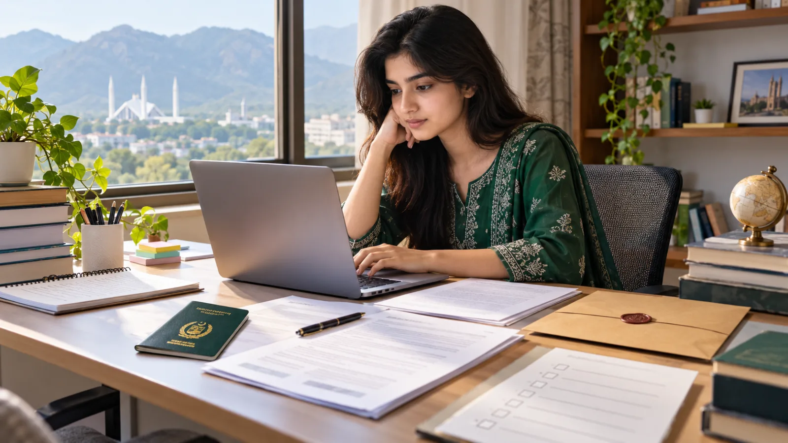 Pakistani applicant organising documents for an online university application and possible interview