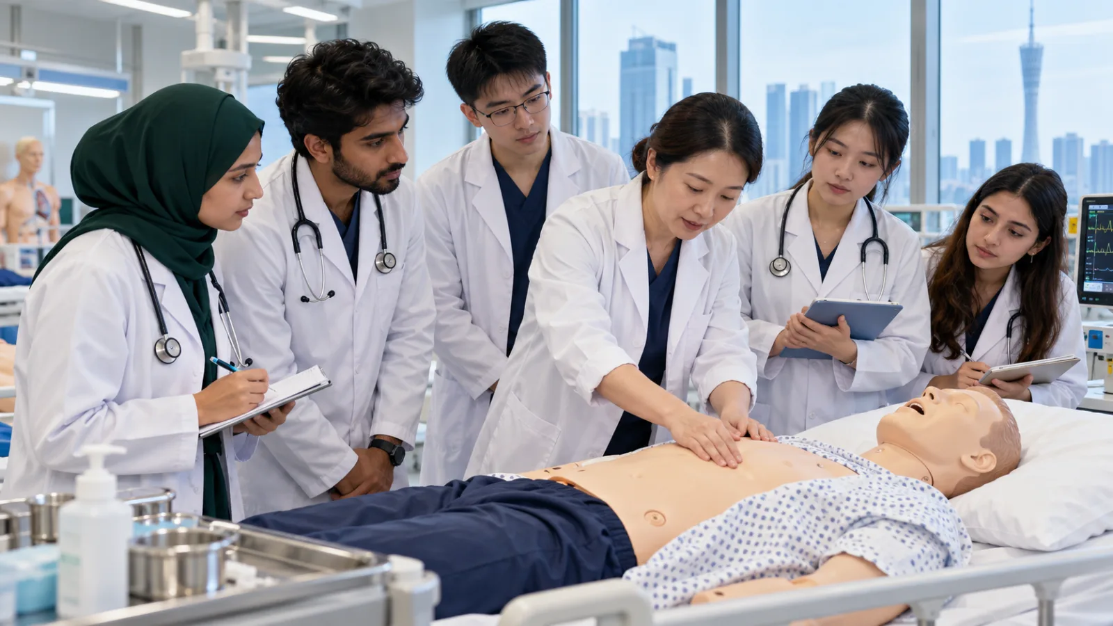 International medical students practising patient examination skills in a simulation laboratory