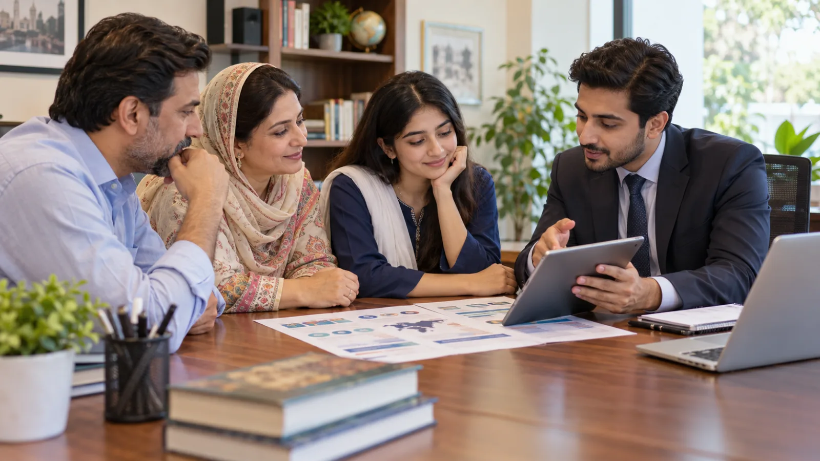 Pakistani student and parents comparing Chinese medical study options with a professional adviser