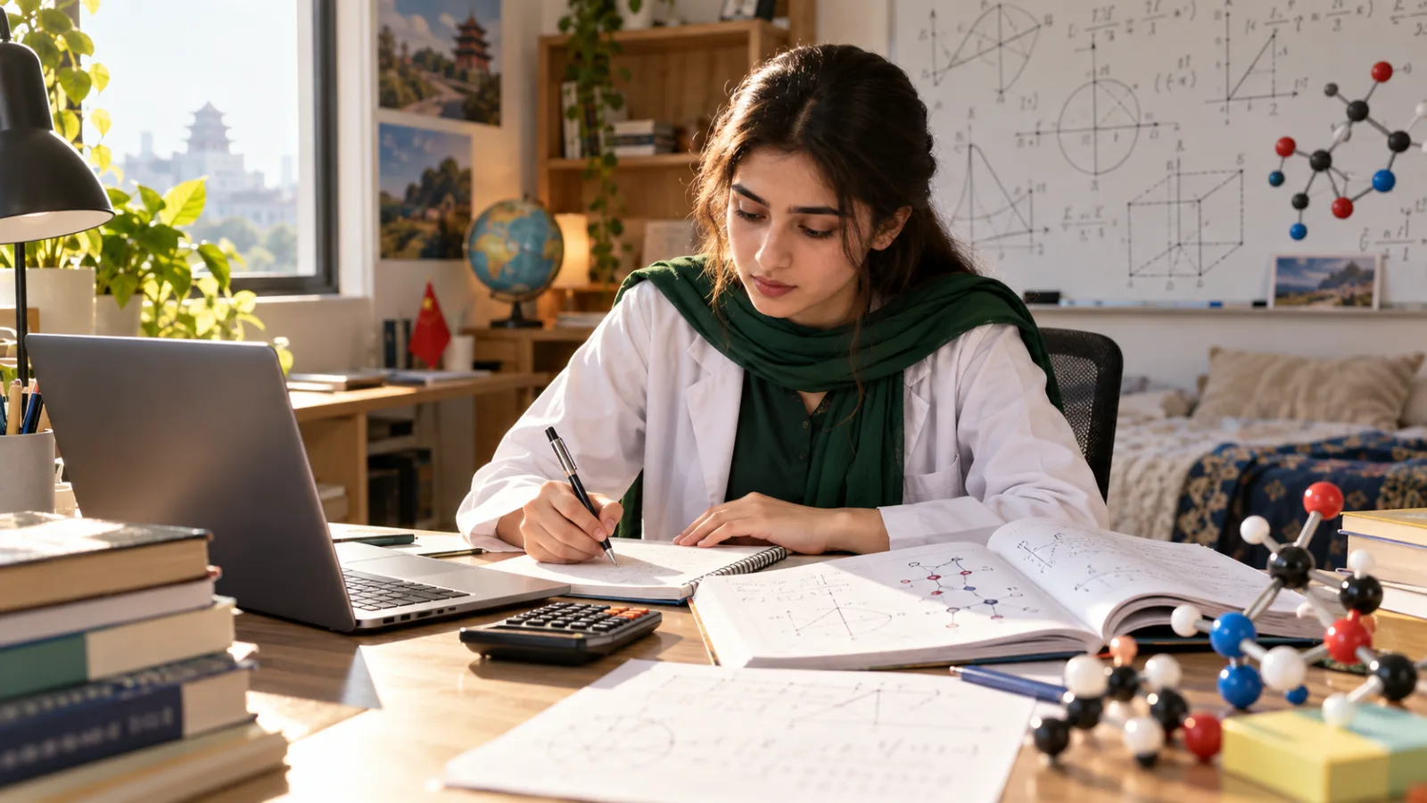 Pakistani pre-medical student preparing CSCA Mathematics and Chemistry at a study desk