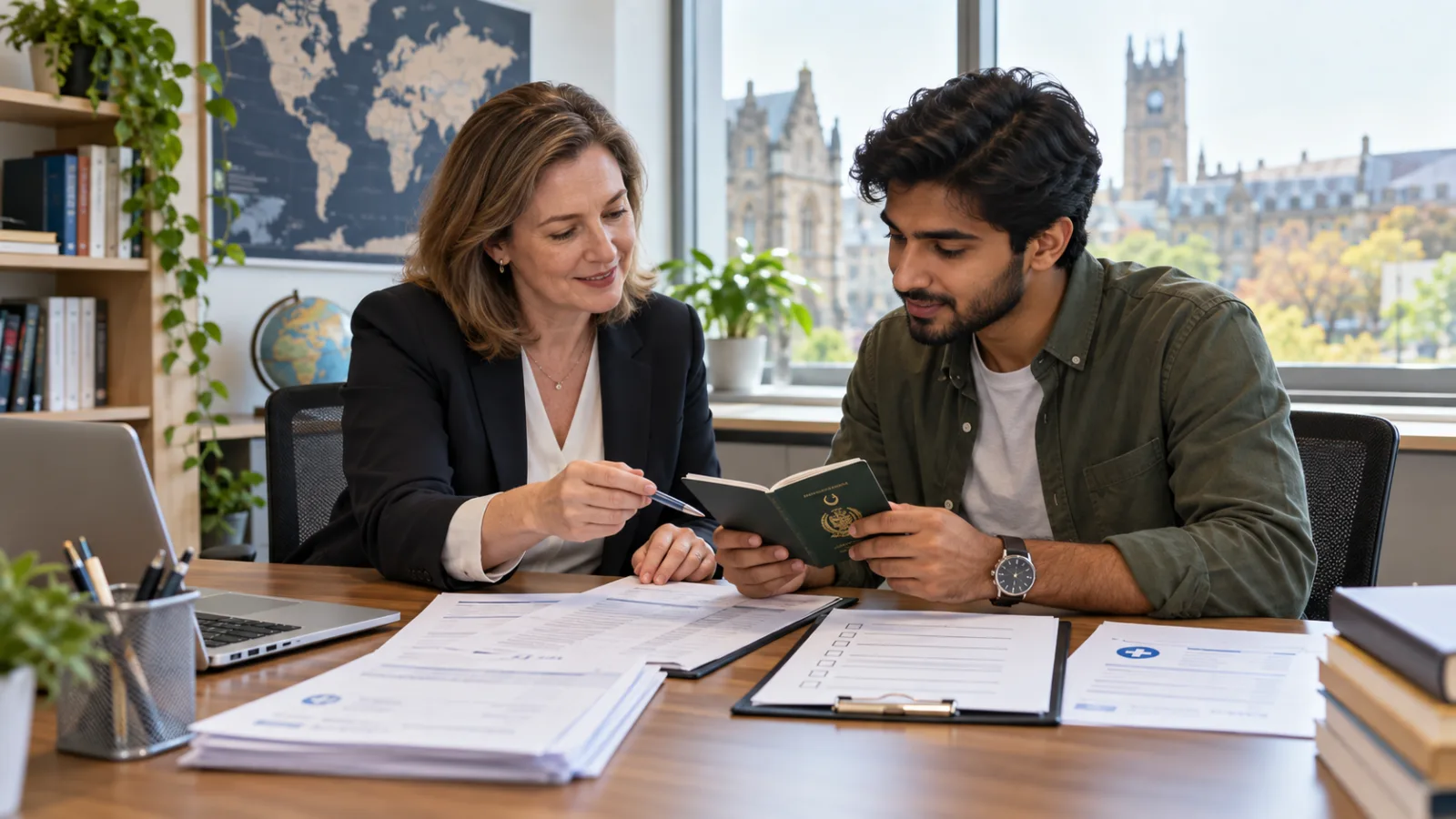 Pakistani applicant reviewing passport academic records and admission documents with an adviser