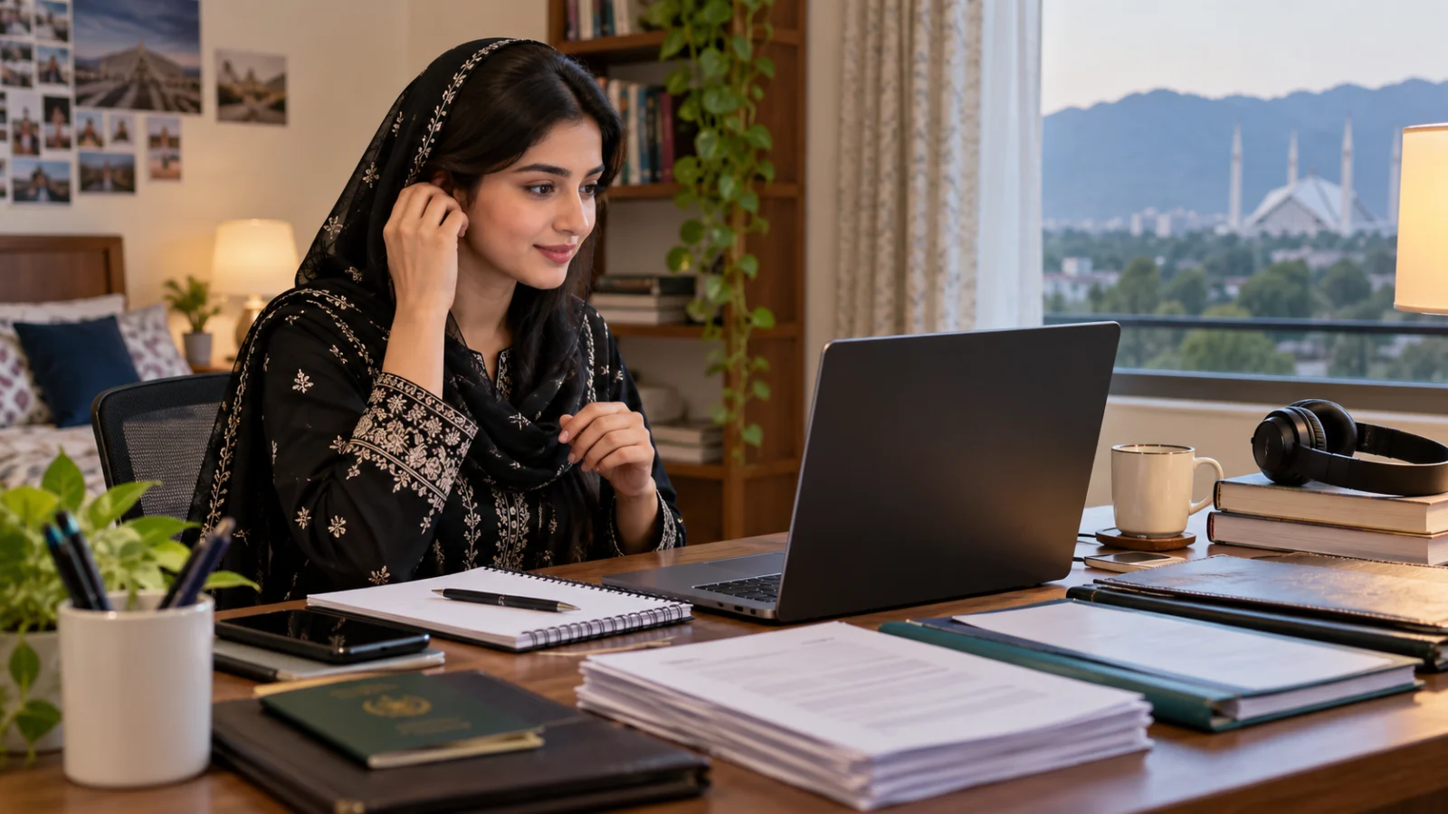 Pakistani applicant organising blank application papers while preparing for an online university interview