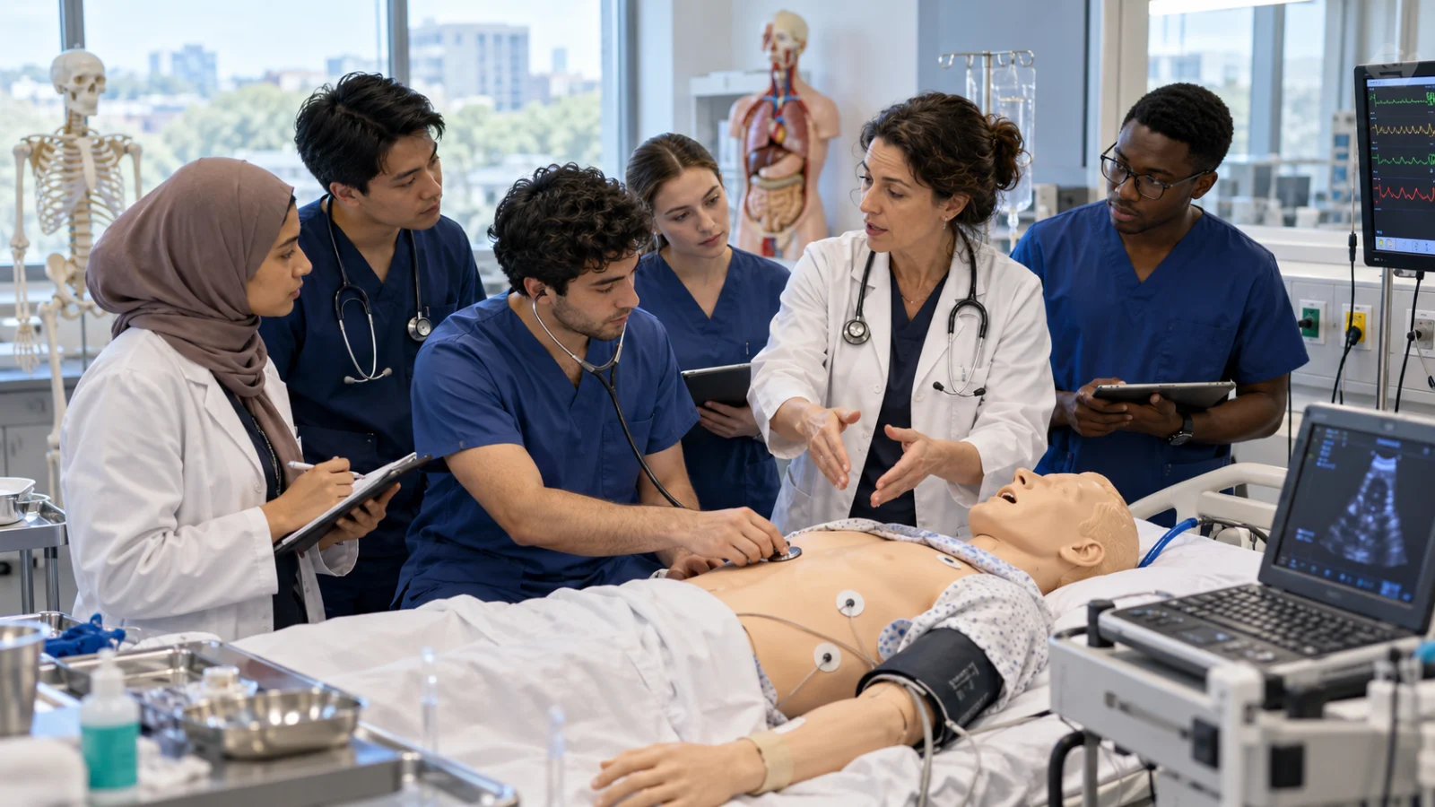 International medical students practising patient examination skills in a simulation laboratory