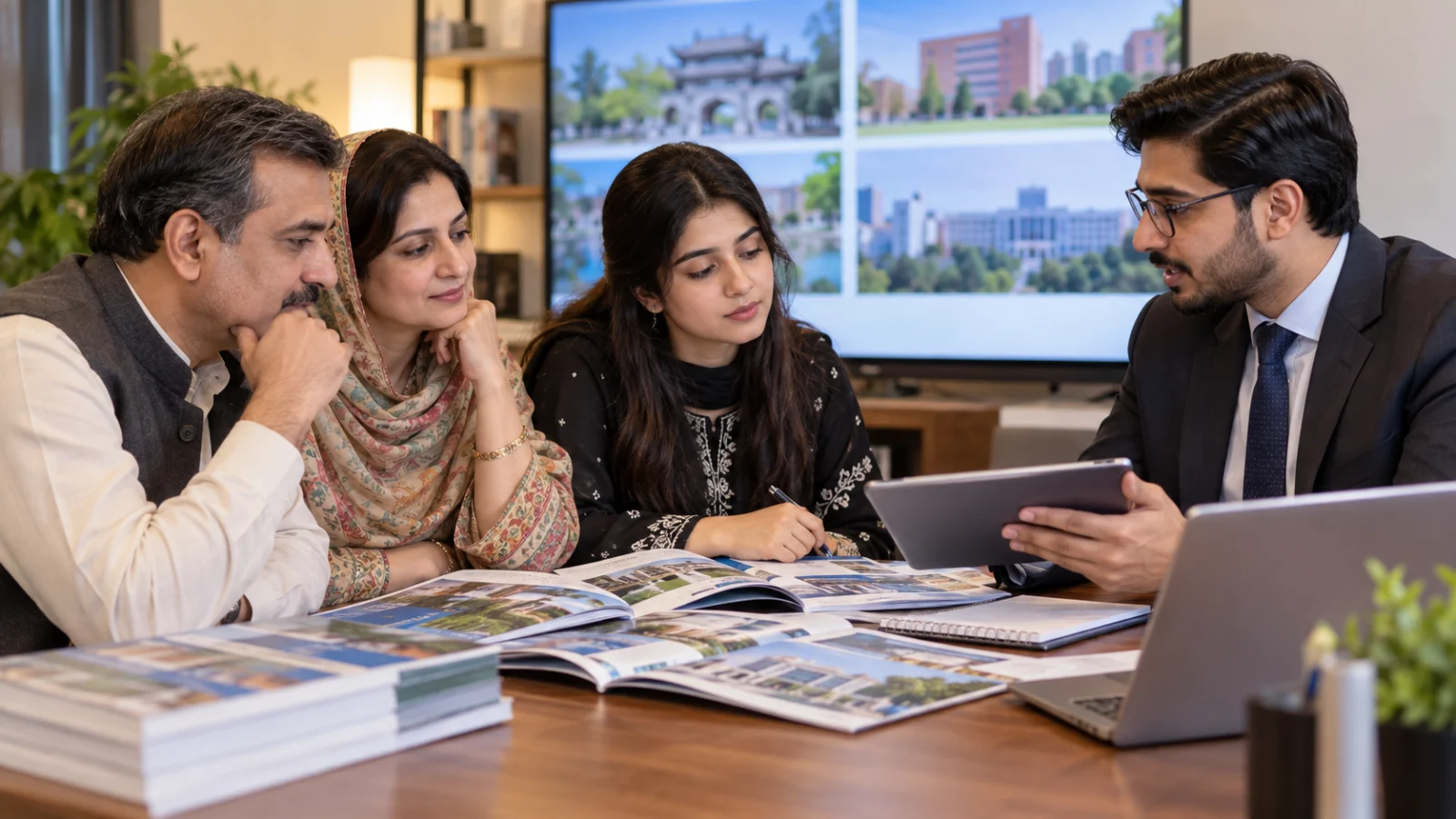 Pakistani student and parents comparing Chinese medical study options with a professional adviser