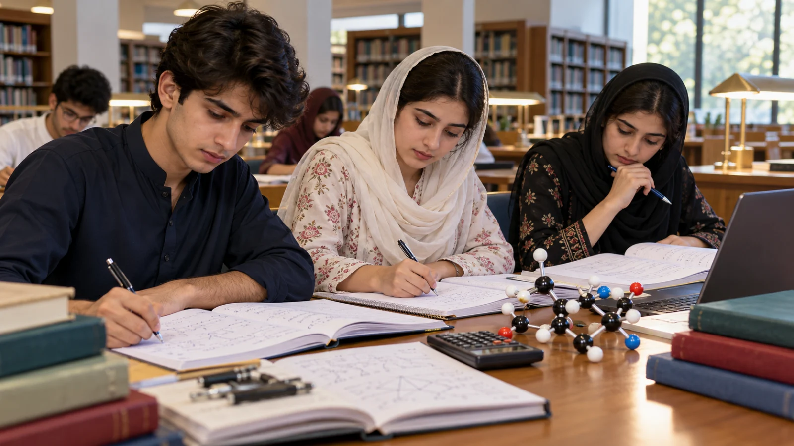 Pakistani pre-medical students preparing for CSCA science and mathematics assessments in a library