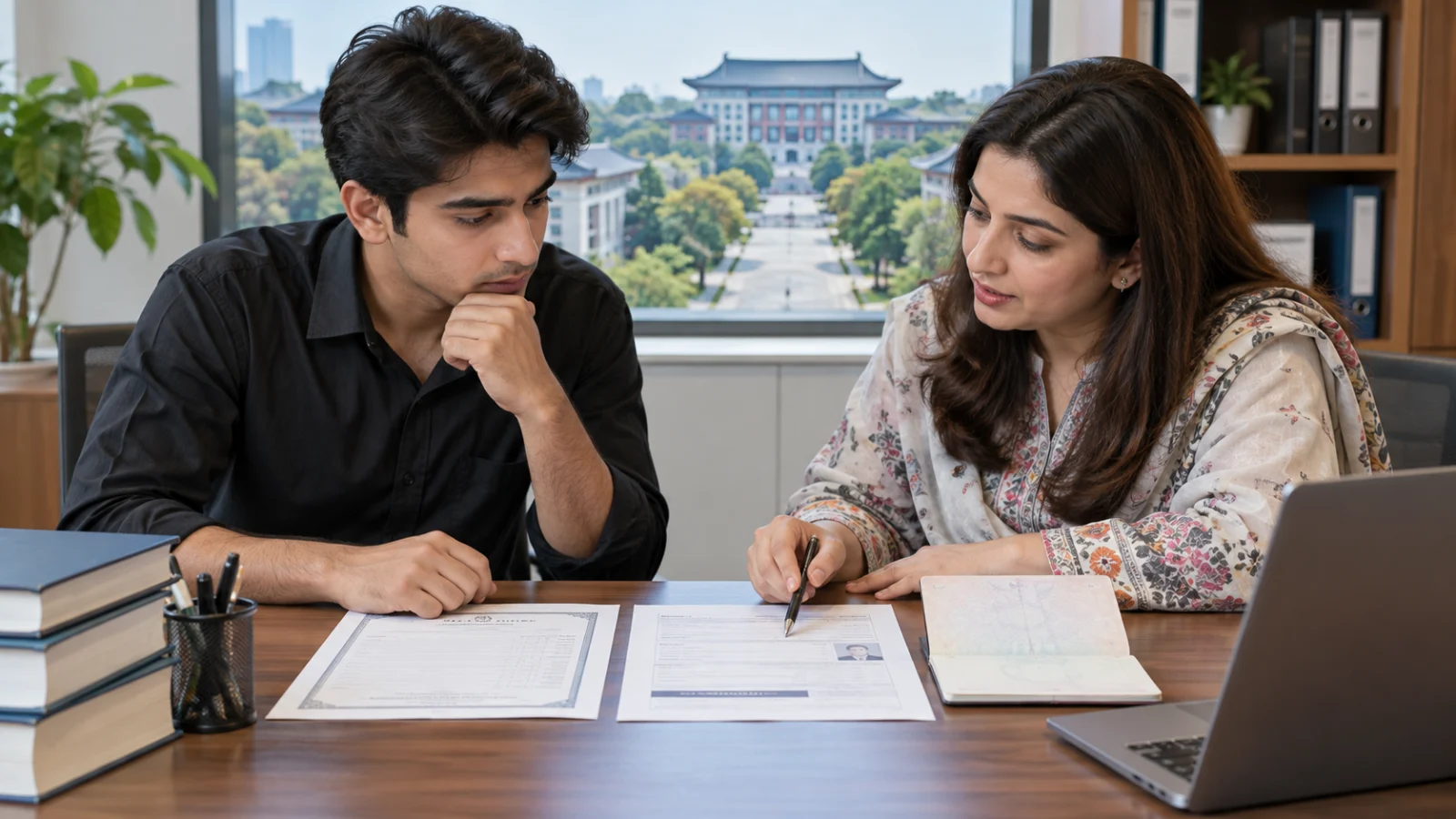 Pakistani student reviewing science marks and English readiness with an education counsellor