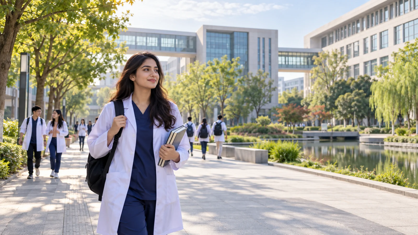 Pakistani medical applicant viewing a modern Nanjing medical university campus