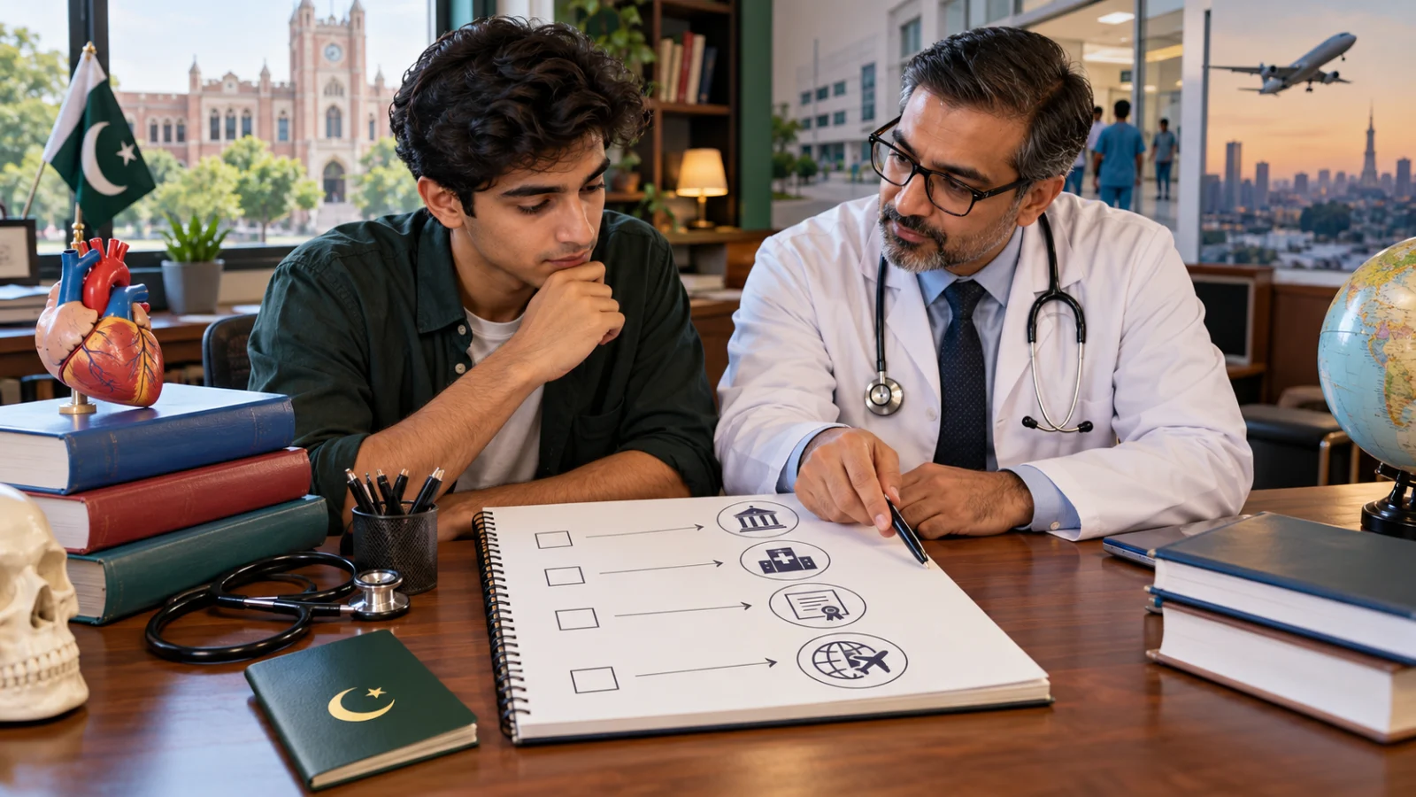 Pakistani medical applicant and adviser mapping admission study records clinical training and licensing steps