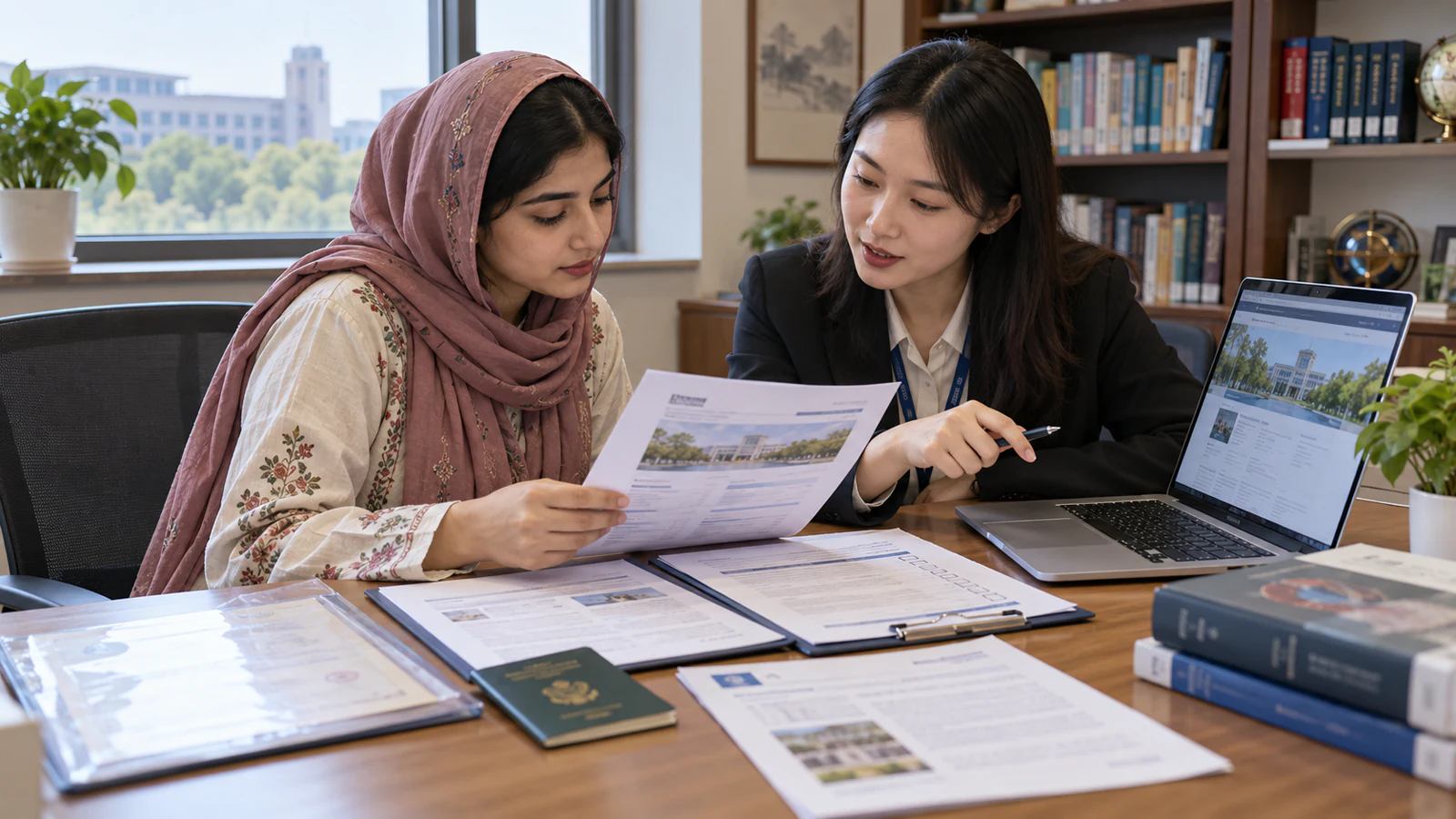 Pakistani applicant and Chinese adviser reviewing Nantong University admission evidence