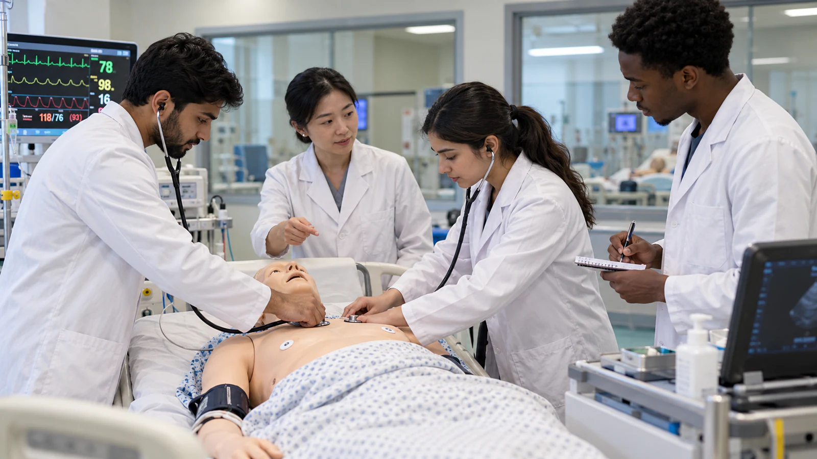 Pakistani medical students practising physical examination in a clinical skills simulation centre