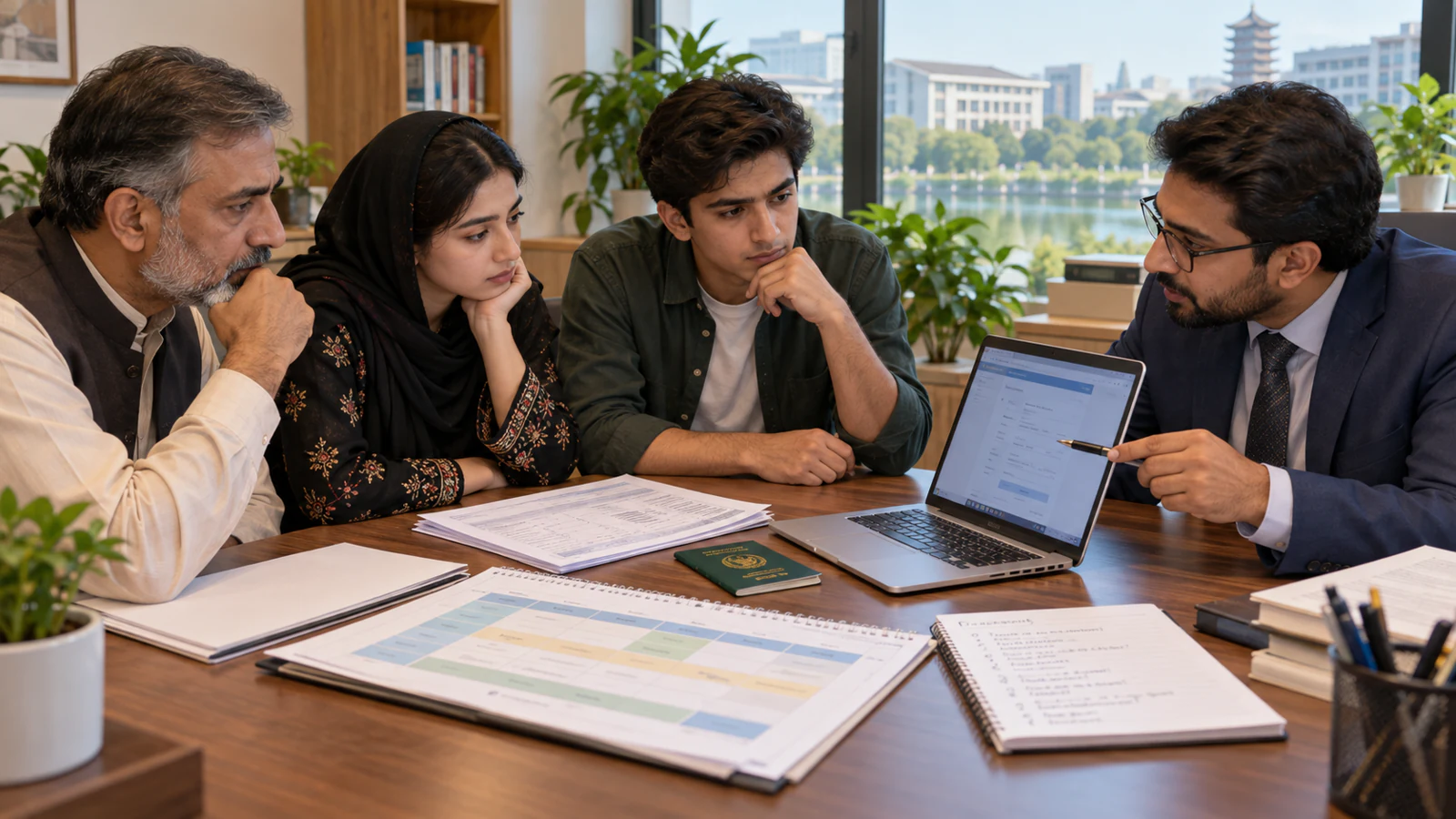 Pakistani student and parents reviewing NTU evidence with a professional adviser