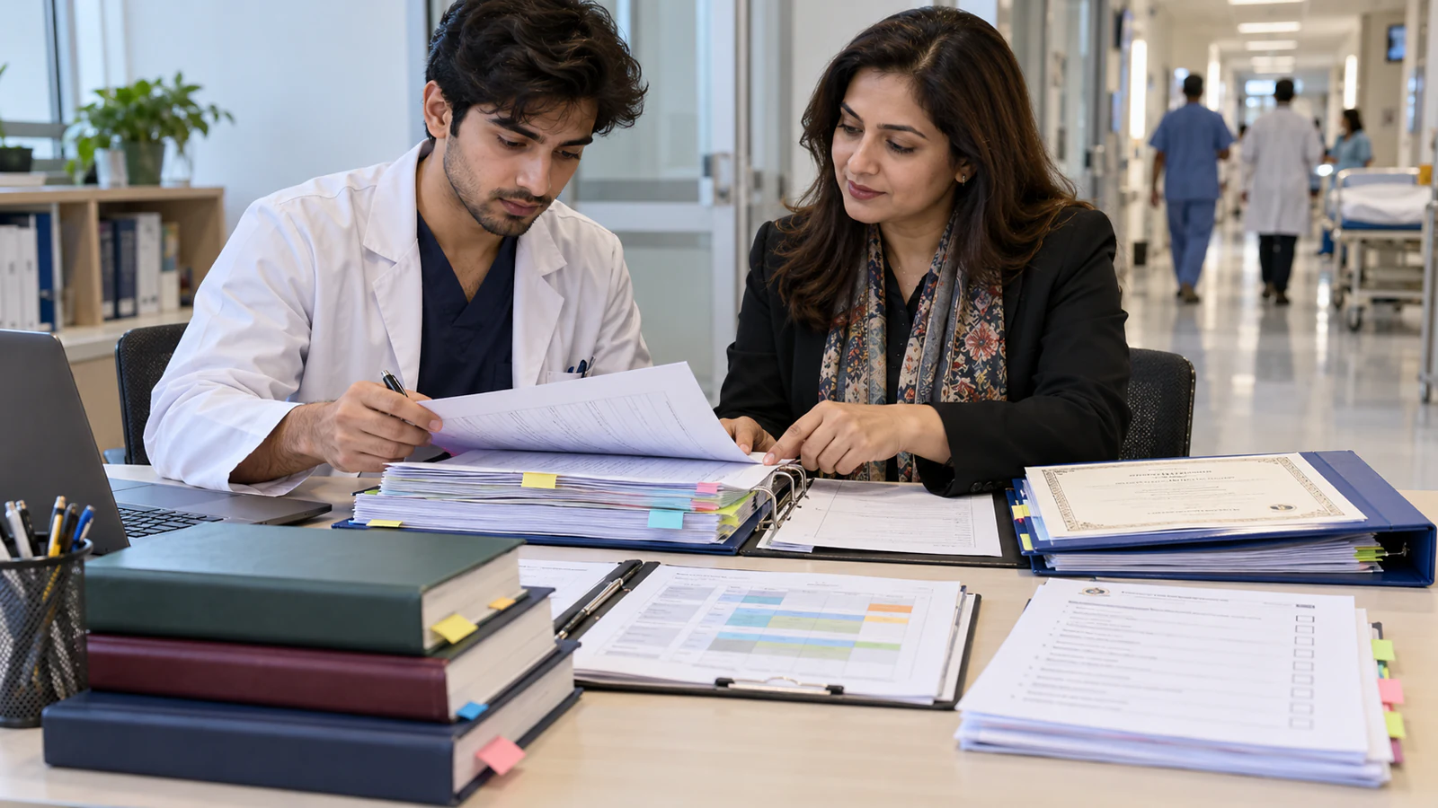 Pakistani medical graduate and adviser organising clinical and PM&DC pathway records