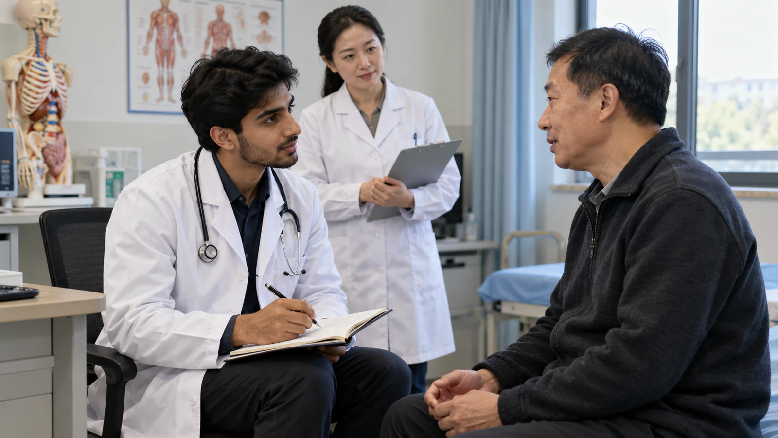 Pakistani medical student taking a patient history from a Chinese standardised patient