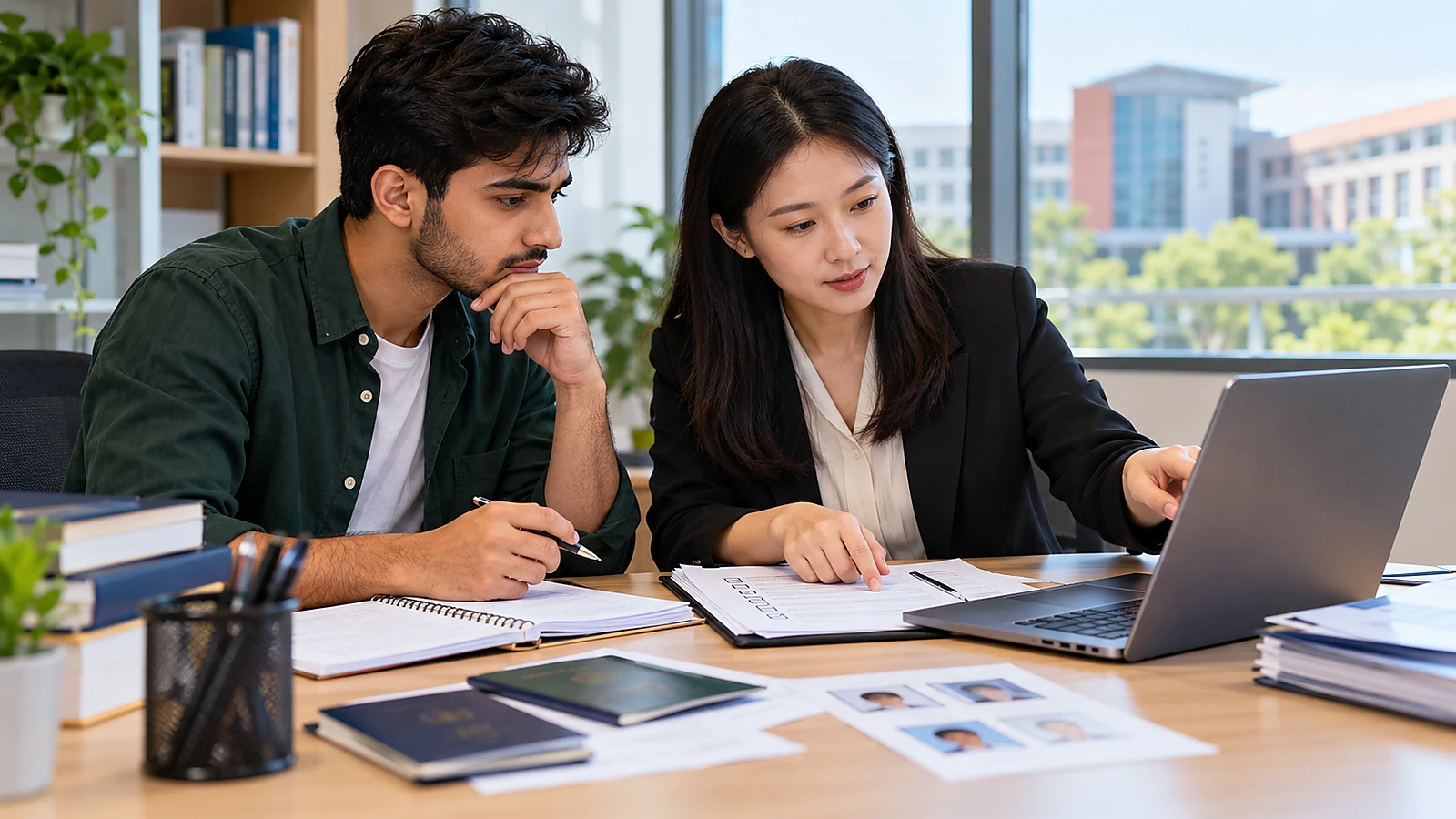 Pakistani applicant and Chinese adviser reviewing Ningbo University admission evidence