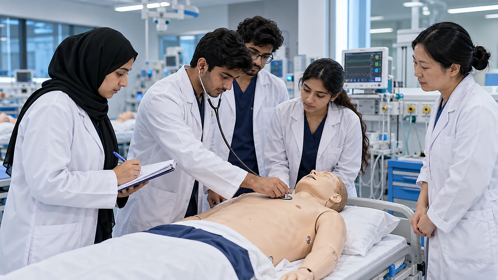 Pakistani medical students practising physical examination in a clinical skills simulation centre
