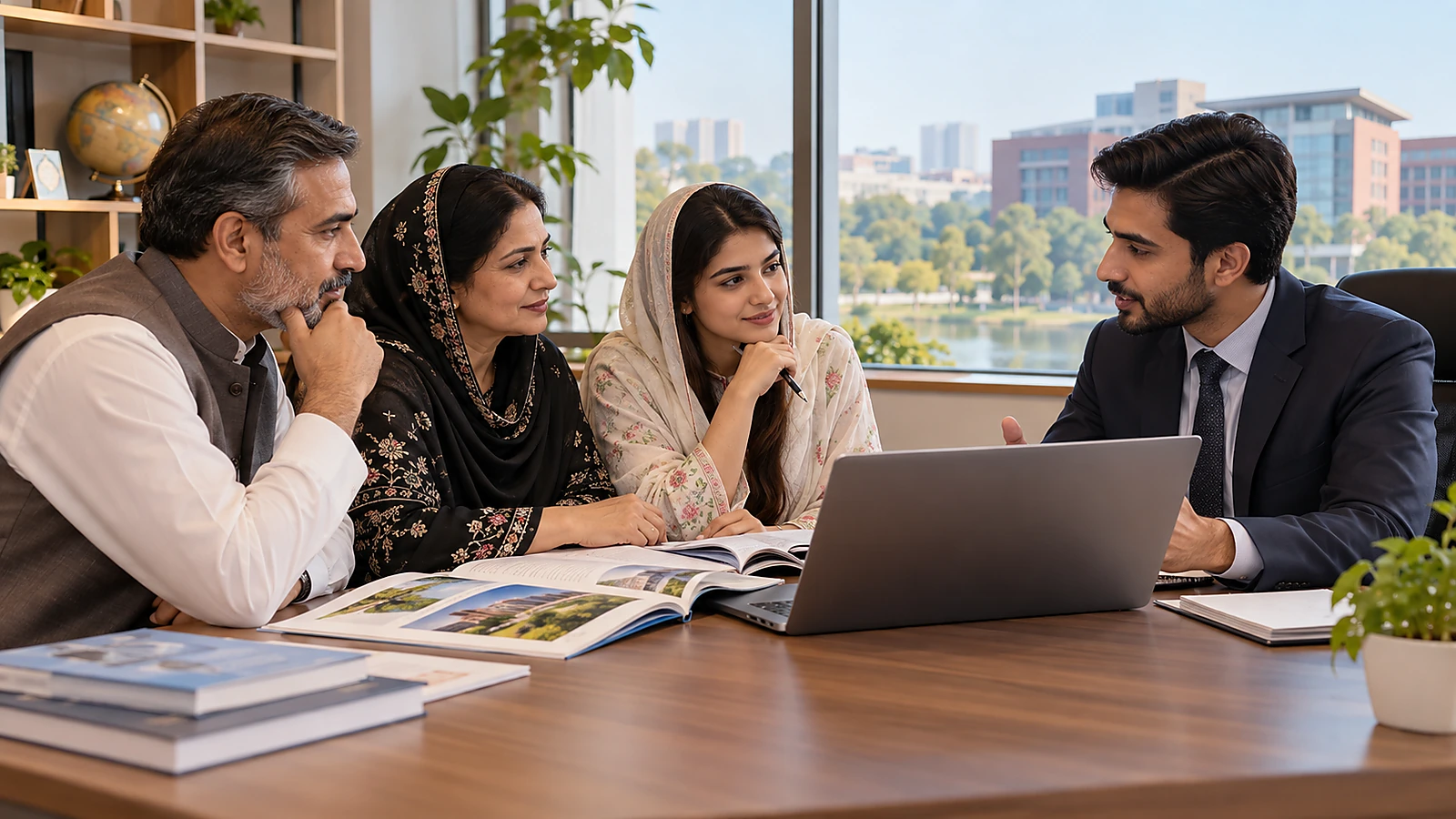 Pakistani student and parents reviewing NBU evidence with a professional adviser