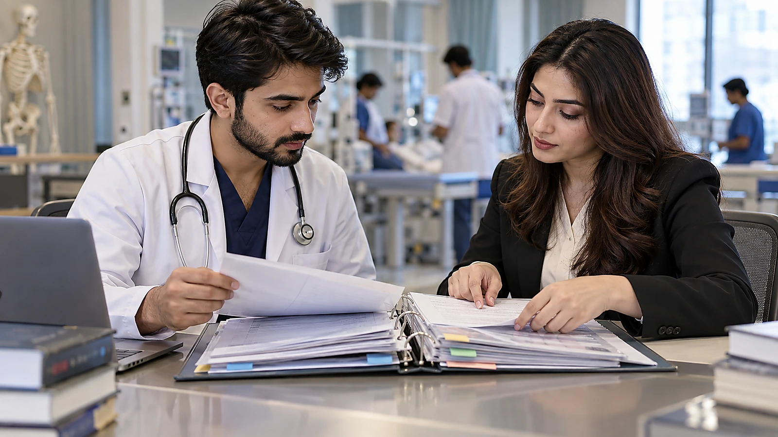 Pakistani medical graduate and adviser organising clinical and PM&DC pathway records