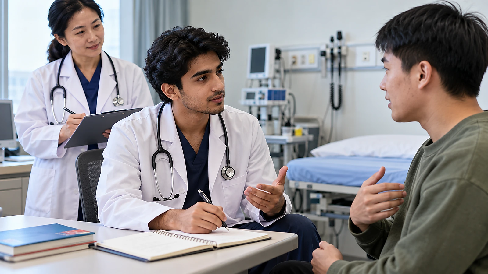 Pakistani medical student taking a patient history from a Chinese standardised patient
