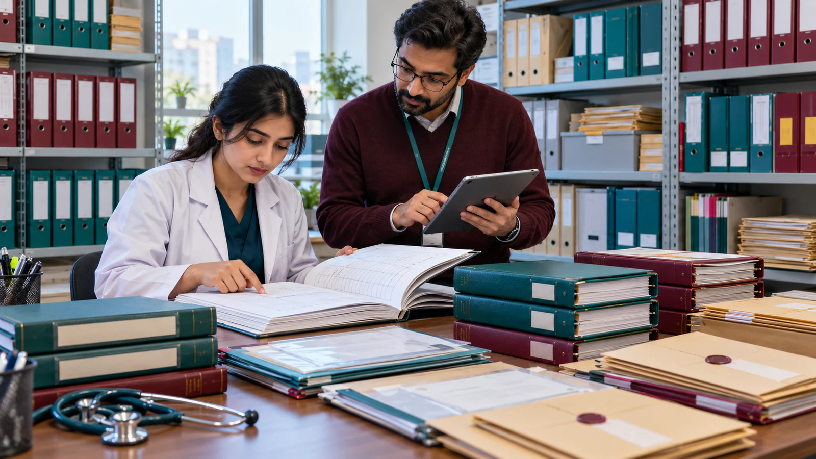 Pakistani medical graduate and adviser organising clinical and PM&DC pathway records