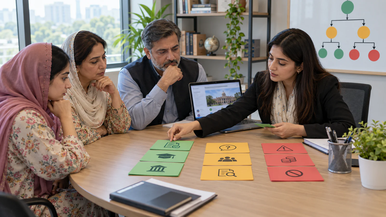 Pakistani student and parents reviewing NSMC evidence with a professional adviser