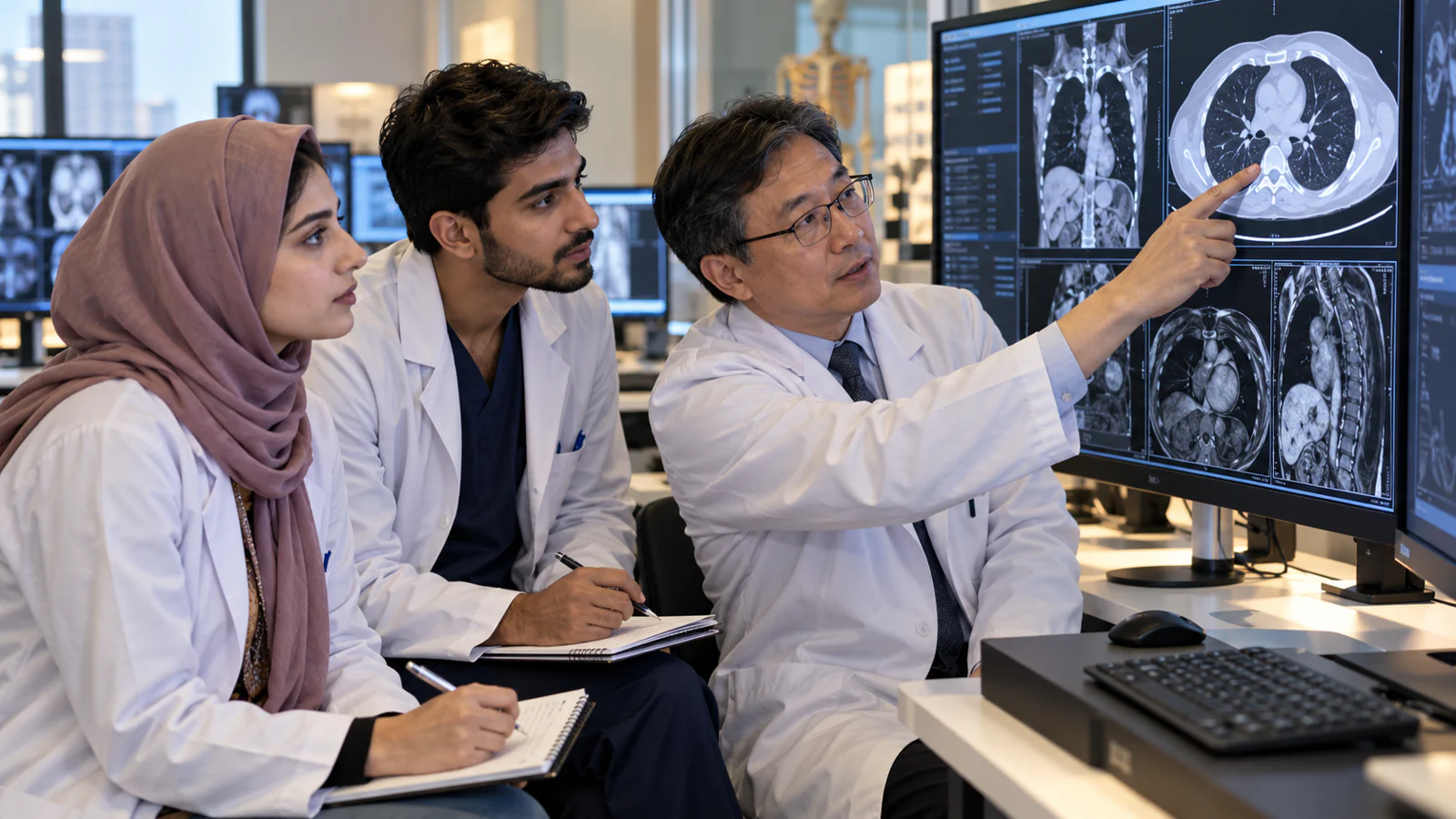 Pakistani medical students studying CT and MRI images with a radiology instructor