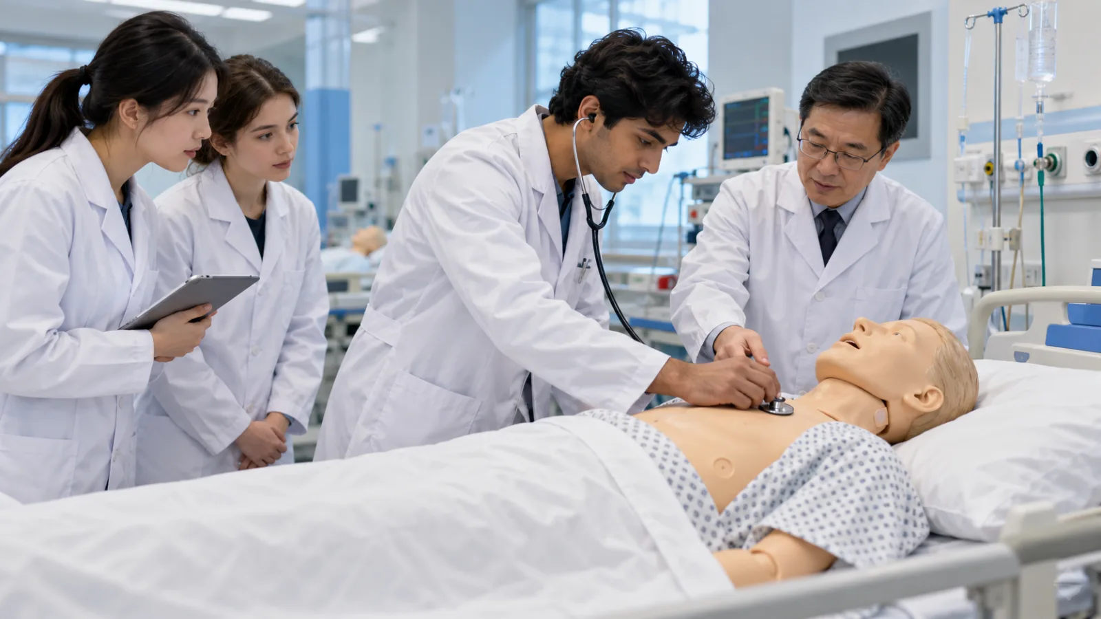 International medical students practising patient examination skills in a simulation laboratory