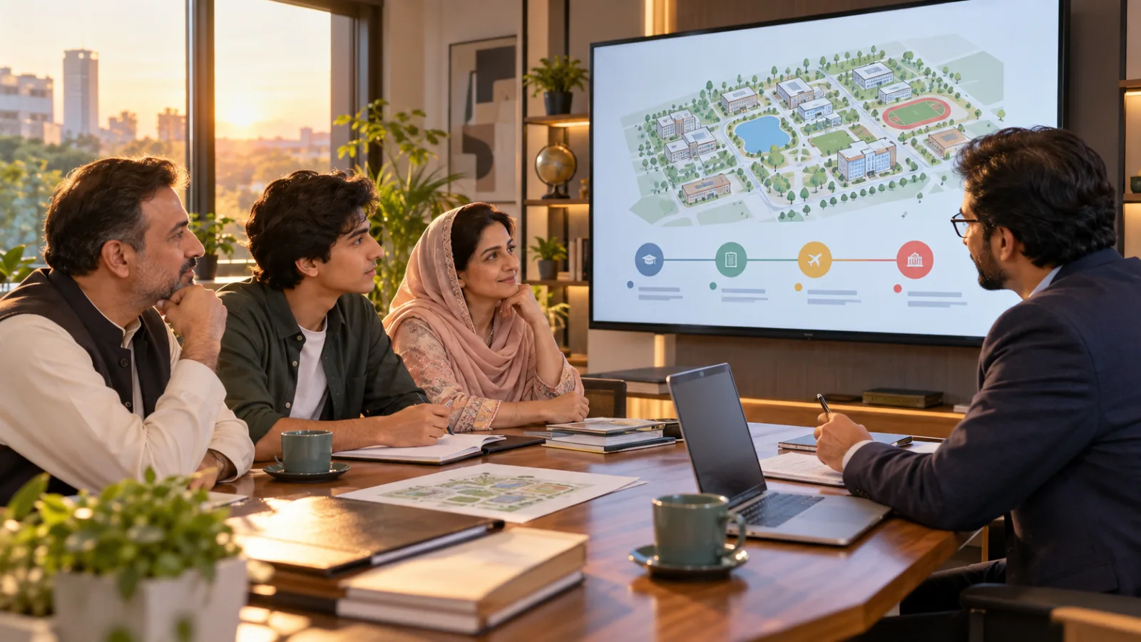 Pakistani student and parents comparing Chinese medical study options with a professional adviser
