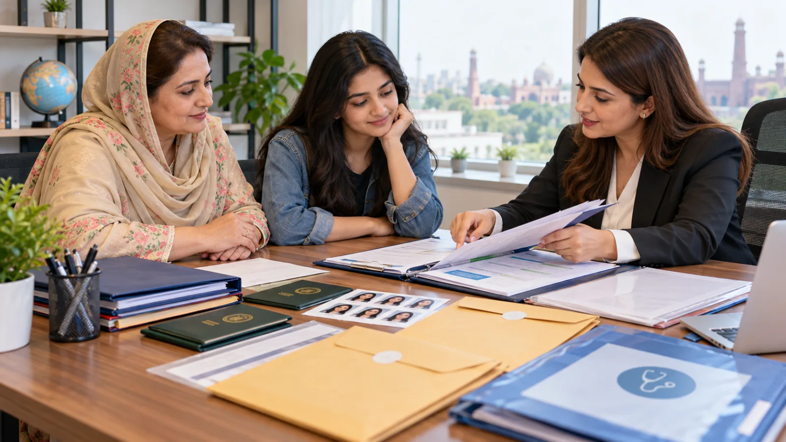 Pakistani applicant reviewing passport academic records and admission documents with an adviser