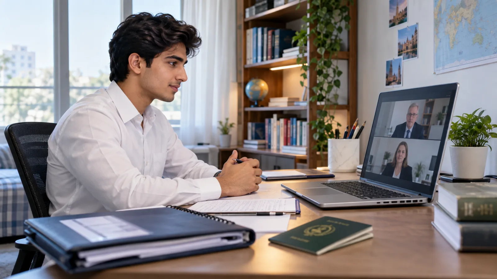 Pakistani applicant organising documents for an online university application and possible interview