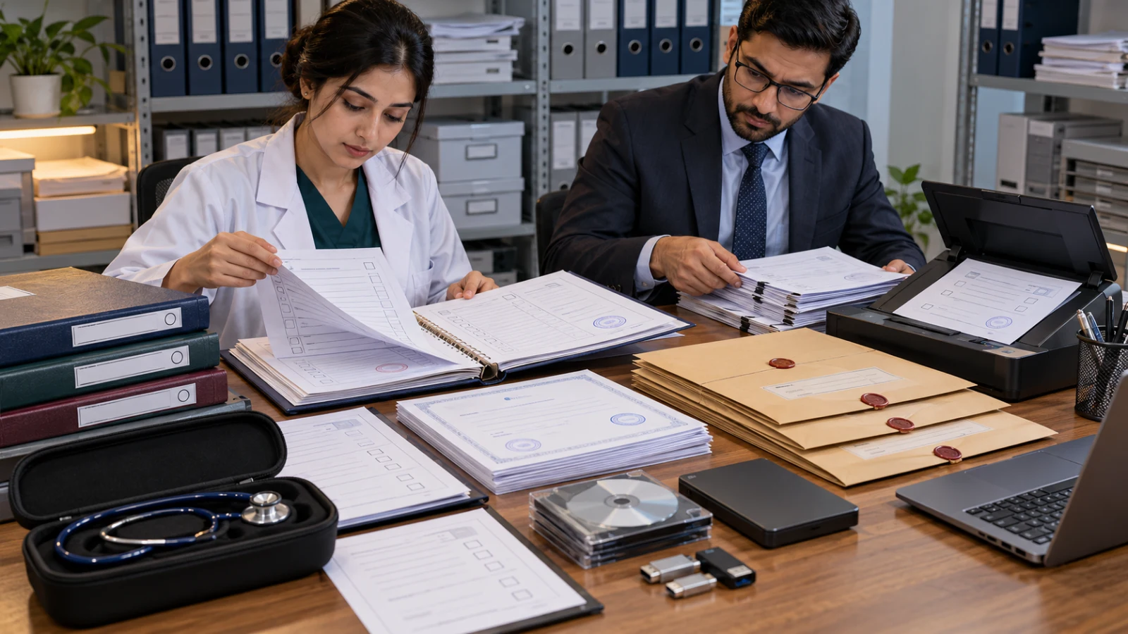 Pakistani medical graduate and adviser organising clinical and PM&DC pathway records