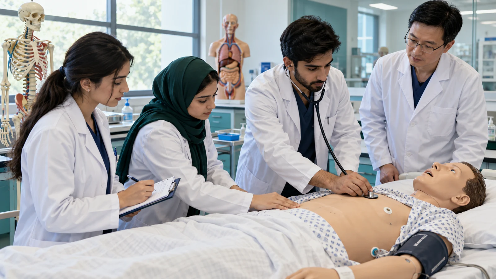 Pakistani medical students practising physical examination on a patient simulator