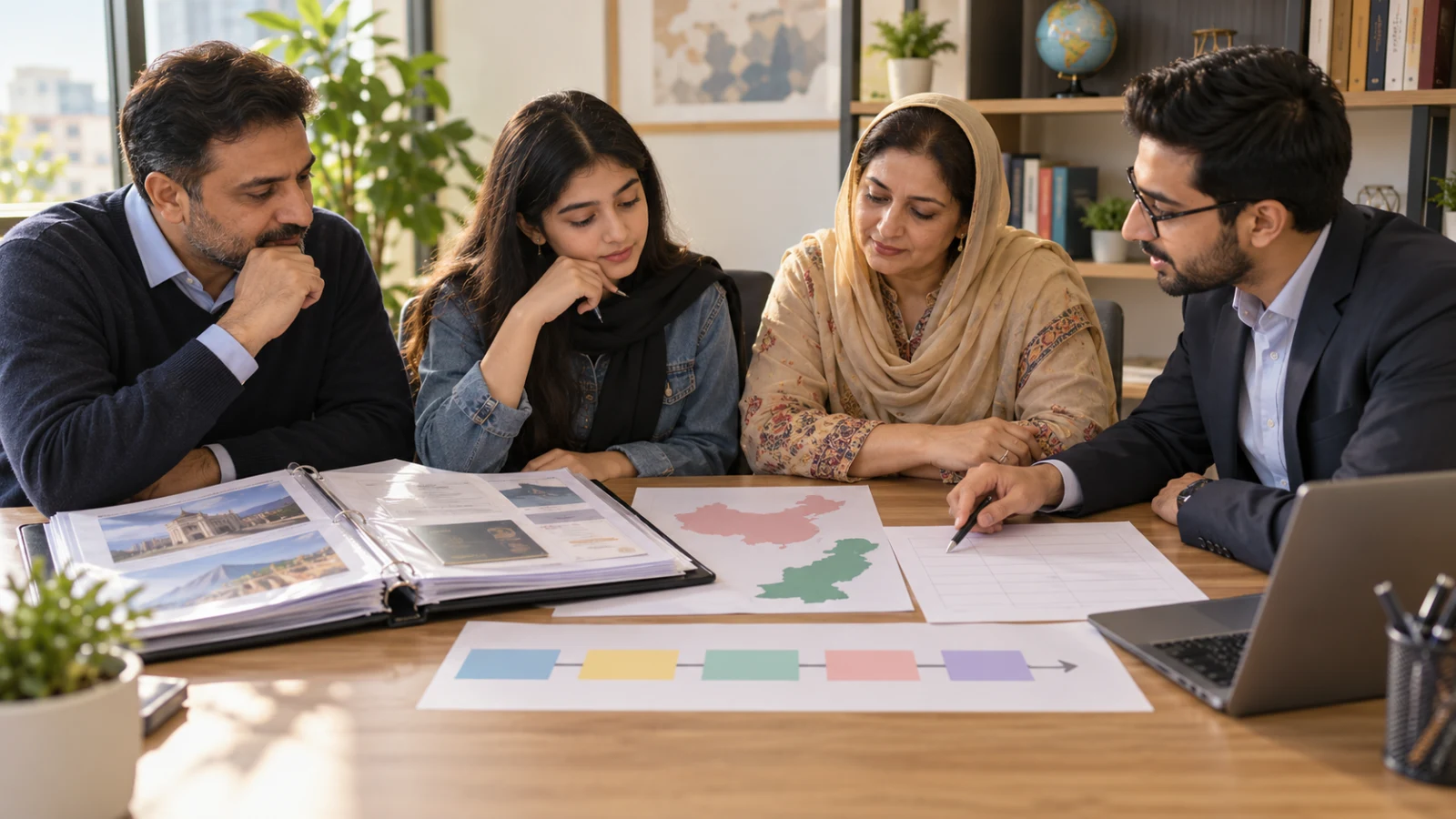 Pakistani student and parents reviewing SHZU evidence with a professional adviser