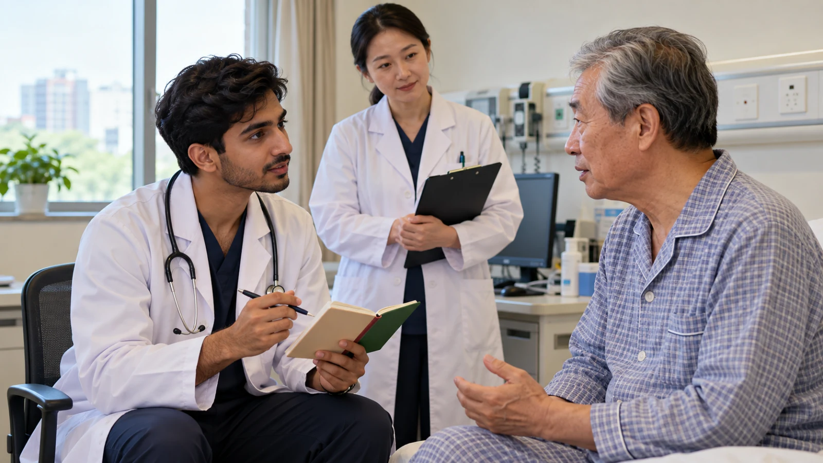 Pakistani medical student practising patient-history communication with a Chinese standardised patient
