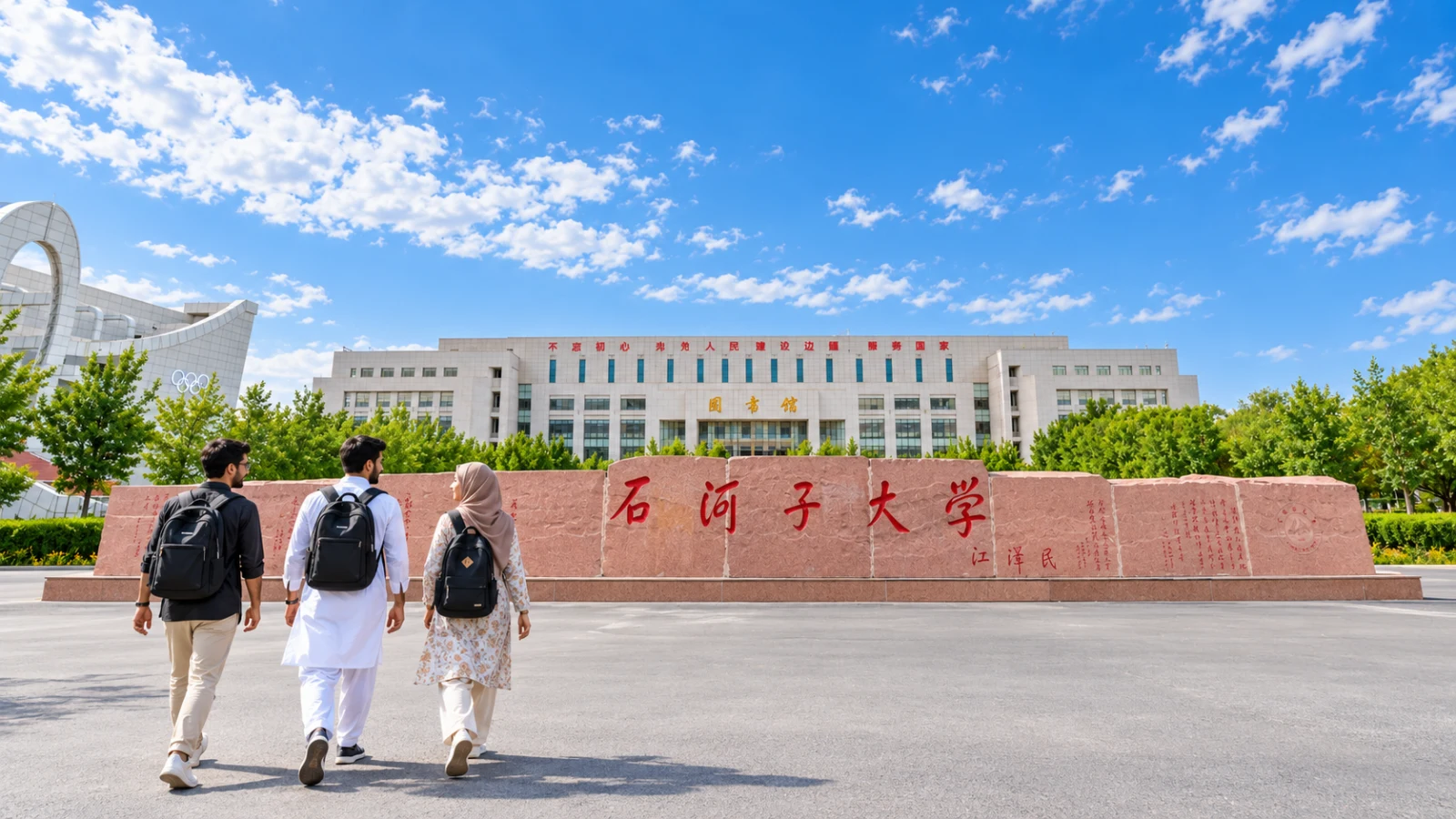 Pakistani medical students approaching the real Shihezi University Central Campus south entrance