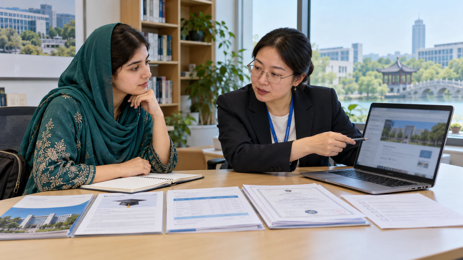 Pakistani applicant and Chinese adviser reviewing Soochow University admission evidence
