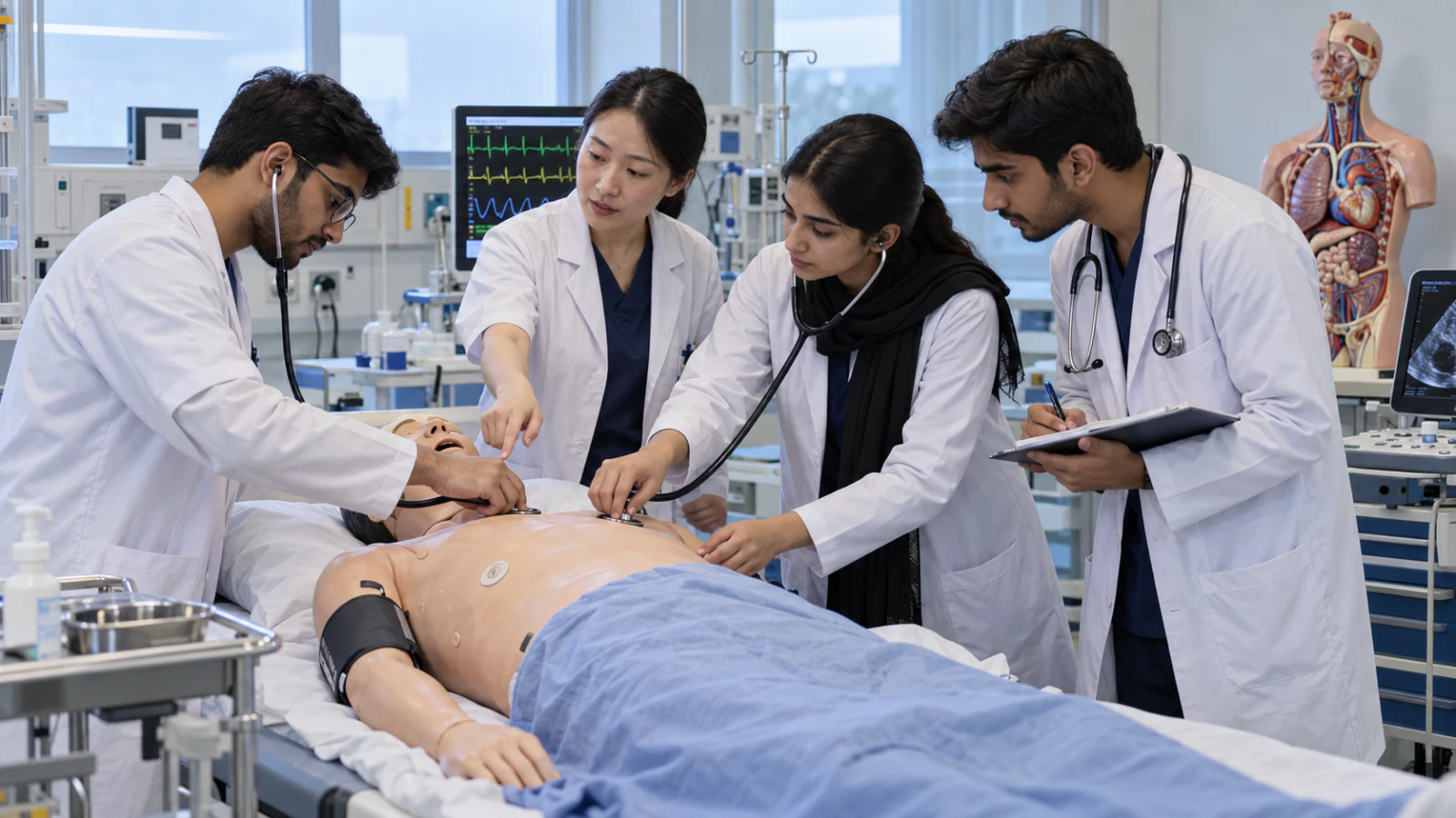 Pakistani medical students practising physical examination in a clinical skills simulation centre